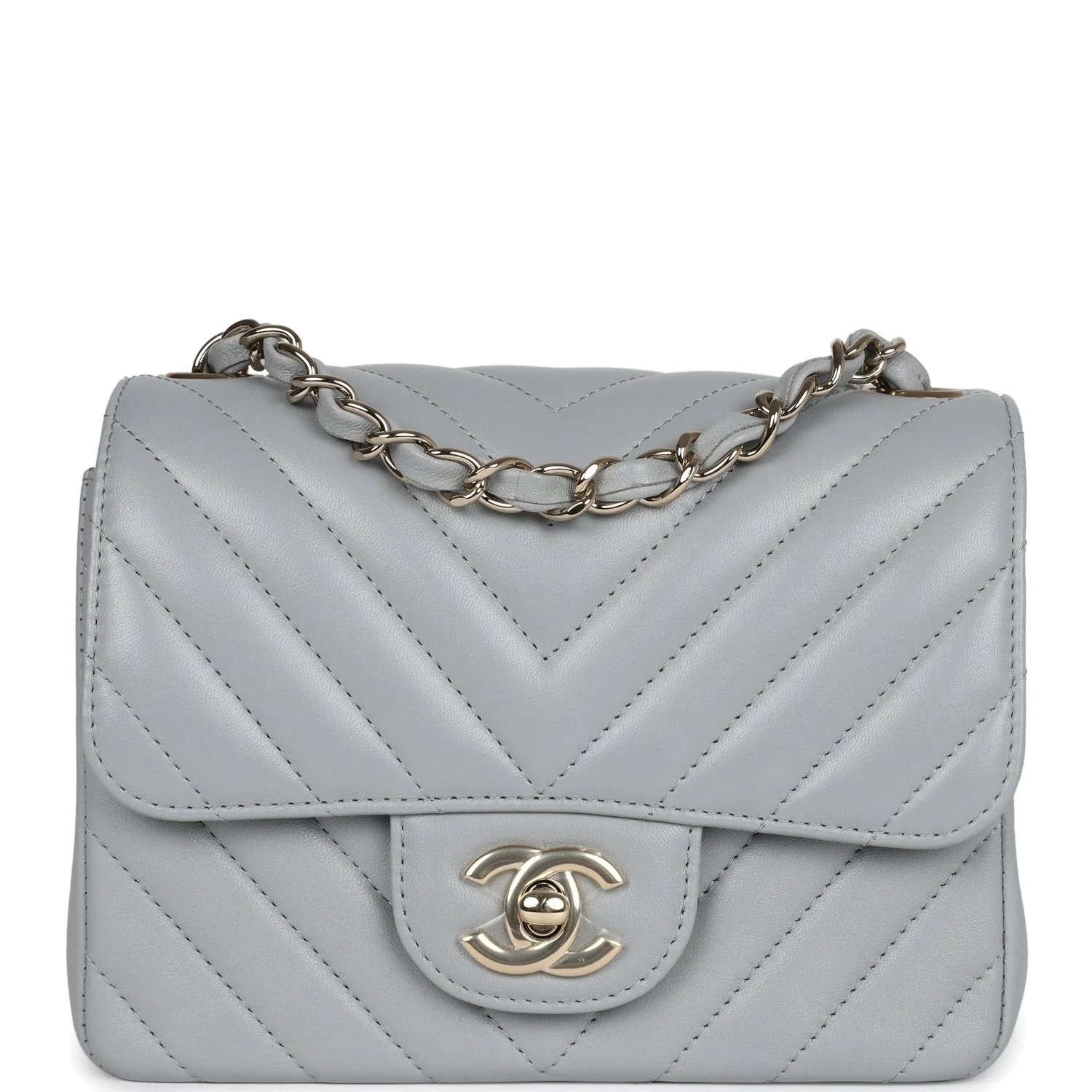 Chanel Mini Chevron Square Flap Bag Light Grey Lambskin — фото 2