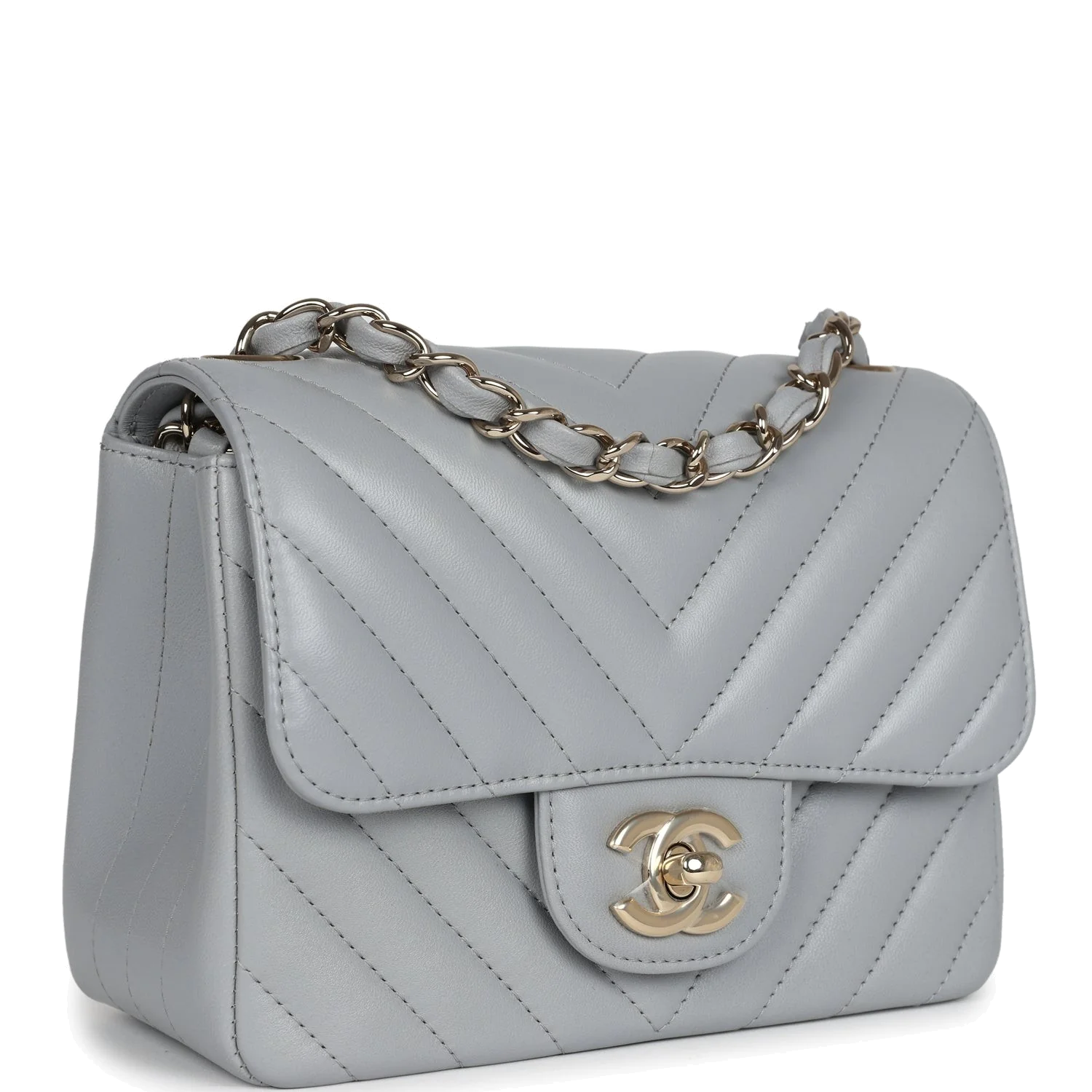Chanel Mini Chevron Square Flap Bag Light Grey Lambskin — фото 3