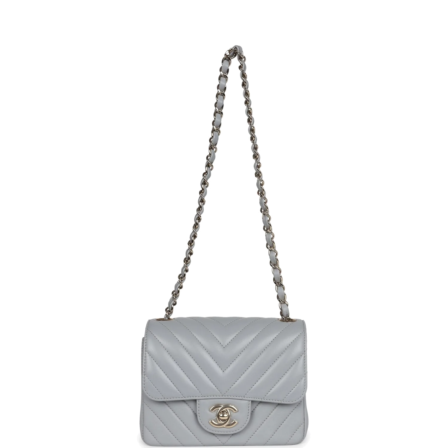 Chanel Mini Chevron Square Flap Bag Light Grey Lambskin — фото 8
