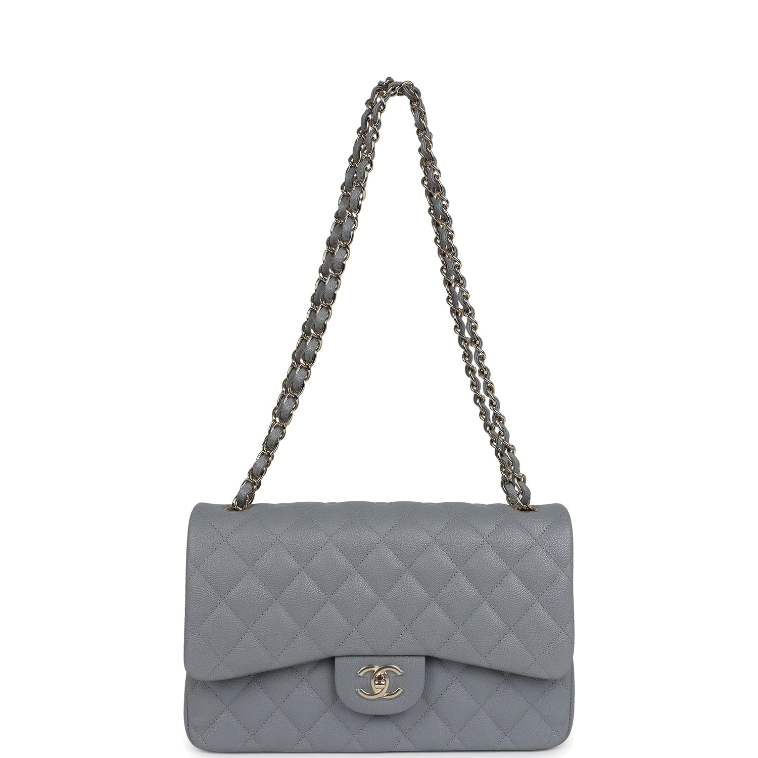 Chanel Jumbo Classic Double Flap Bag Light Grey Shiny Caviar — фото 8