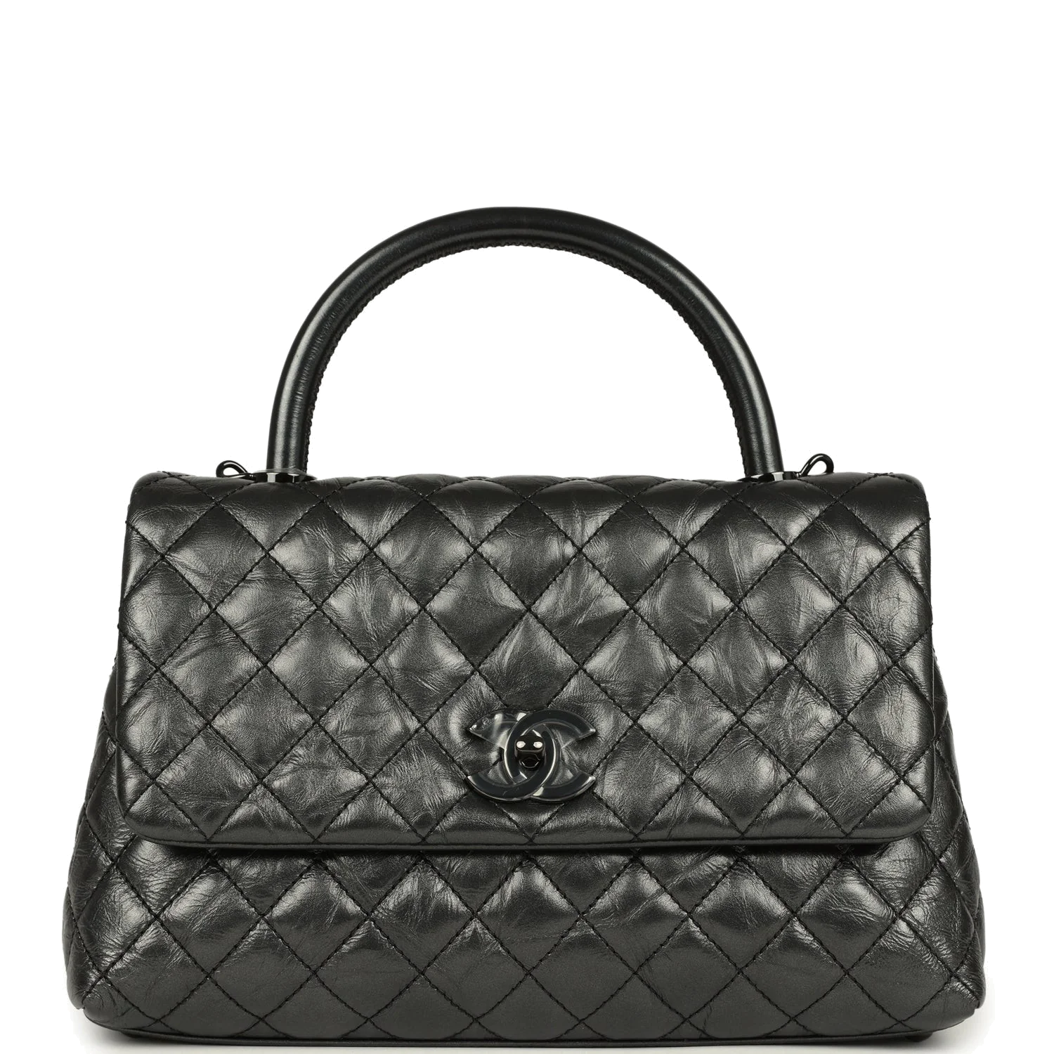 Chanel Small Coco Top Handle Flap Bag Dark Grey Crumpled Calfskin