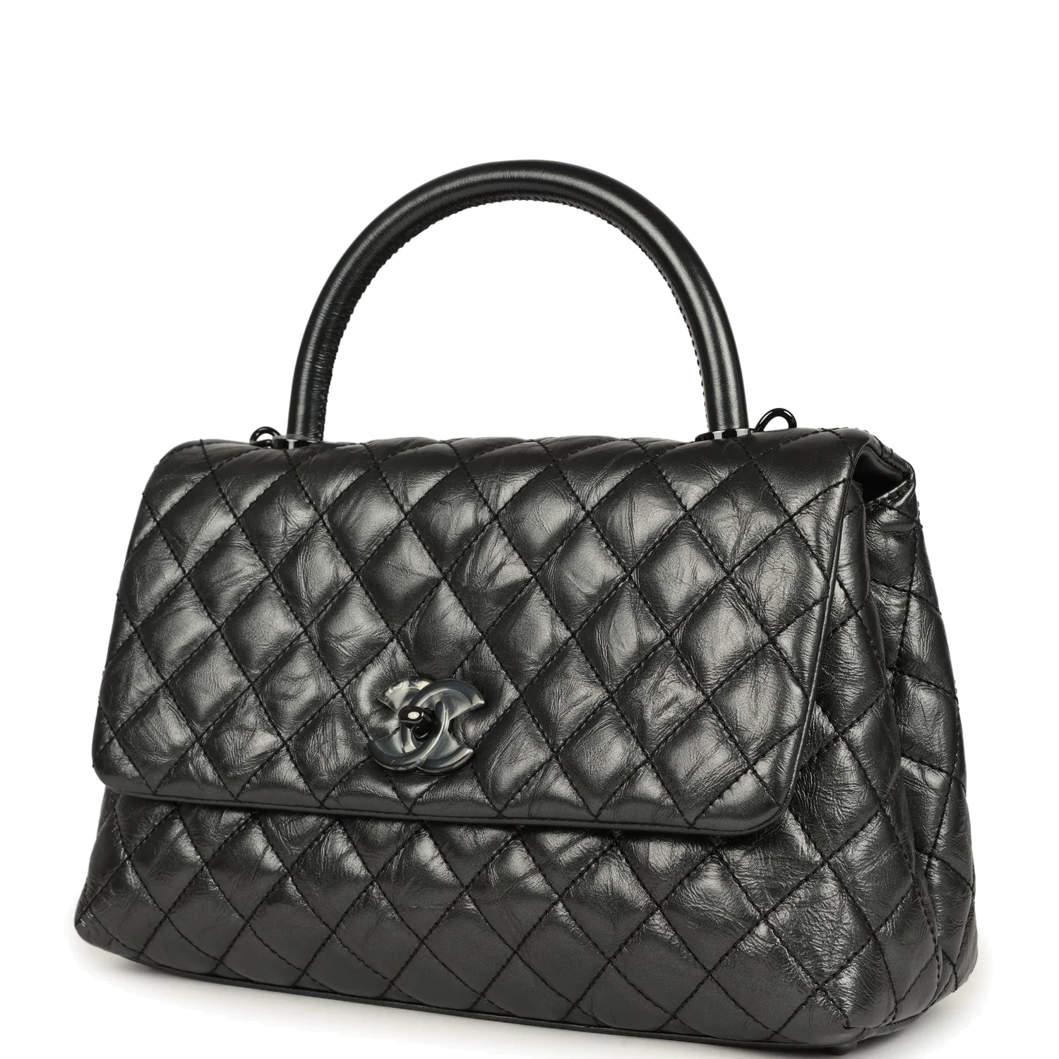 Chanel Small Coco Top Handle Flap Bag Dark Grey Crumpled Calfskin — фото 6