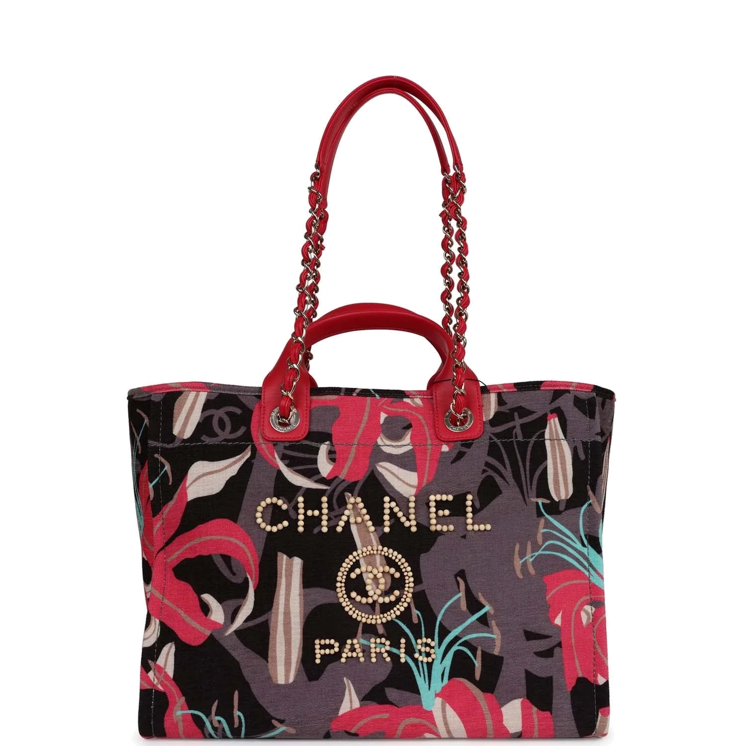 Chanel Medium Deauville Shopping Tote Grey and Pink Tropical Floral Velvet — фото 2