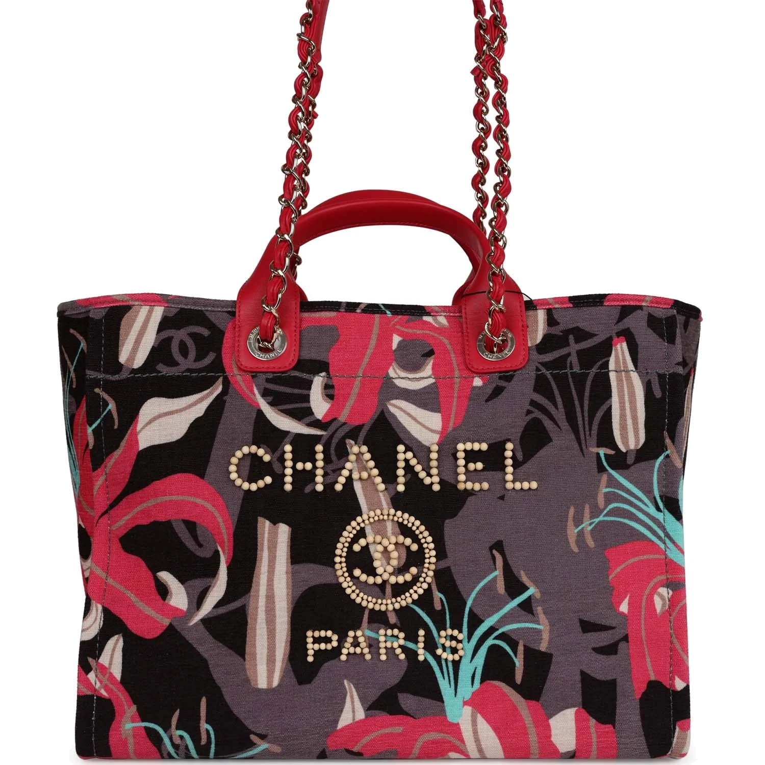 Chanel Medium Deauville Shopping Tote Grey and Pink Tropical Floral Velvet — фото 3