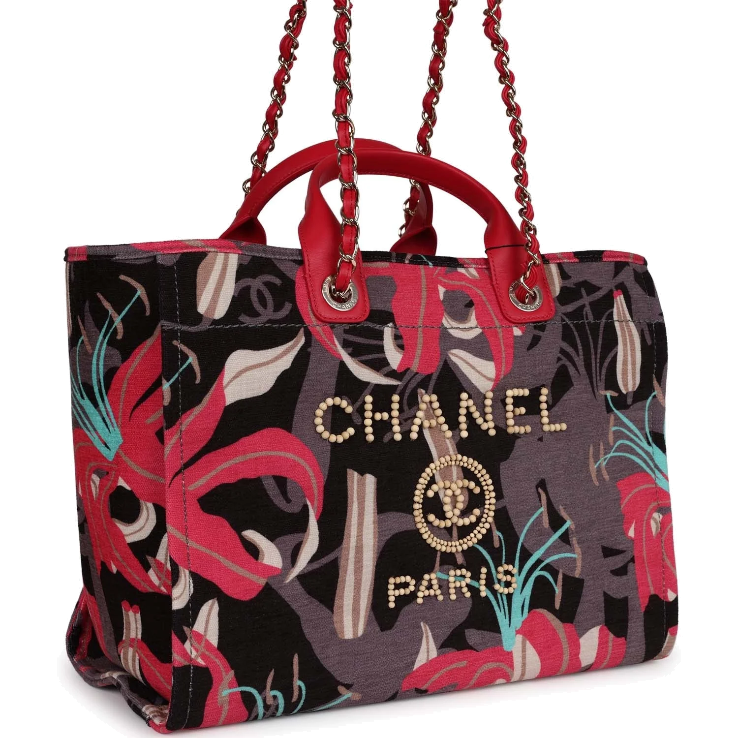Chanel Medium Deauville Shopping Tote Grey and Pink Tropical Floral Velvet — фото 4