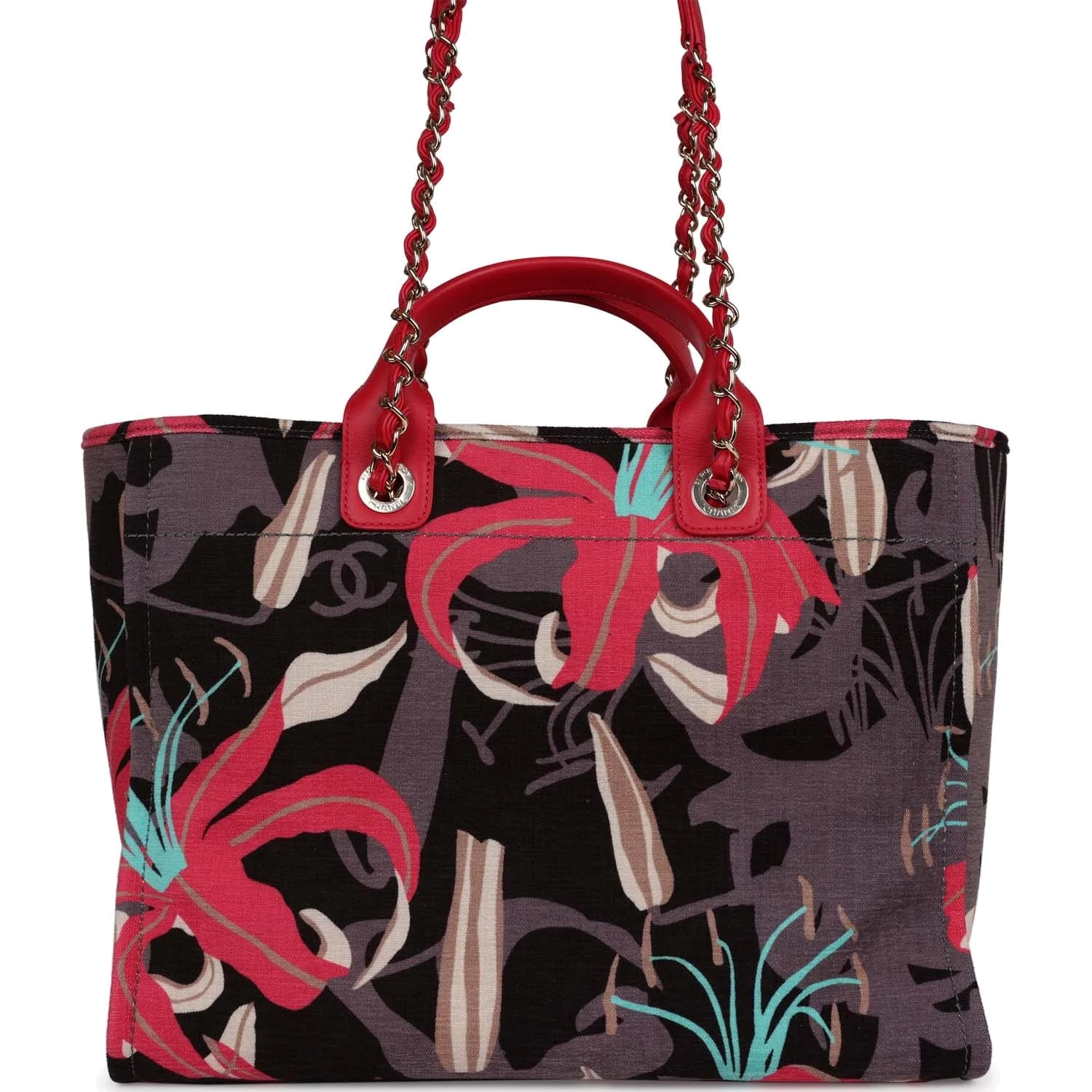 Chanel Medium Deauville Shopping Tote Grey and Pink Tropical Floral Velvet — фото 6
