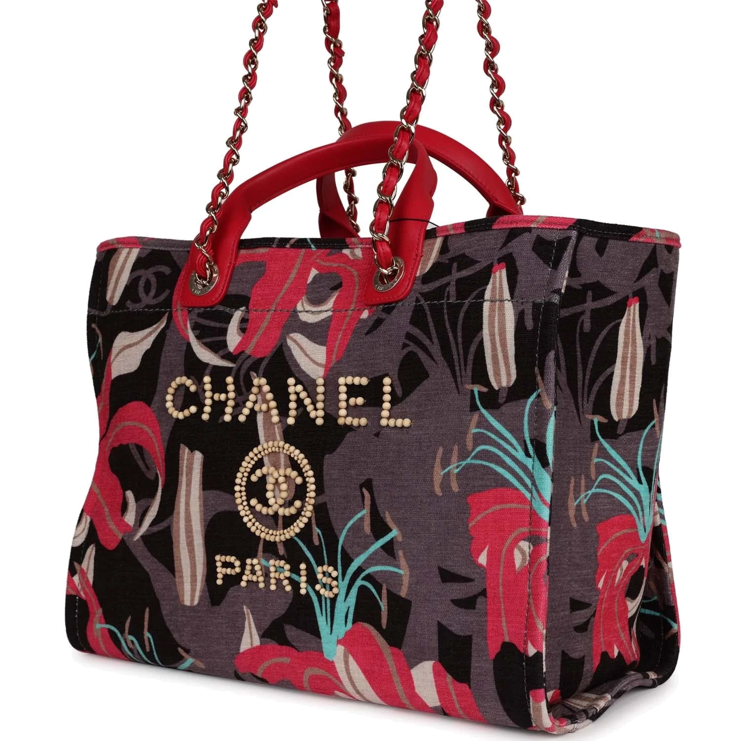Chanel Medium Deauville Shopping Tote Grey and Pink Tropical Floral Velvet — фото 7