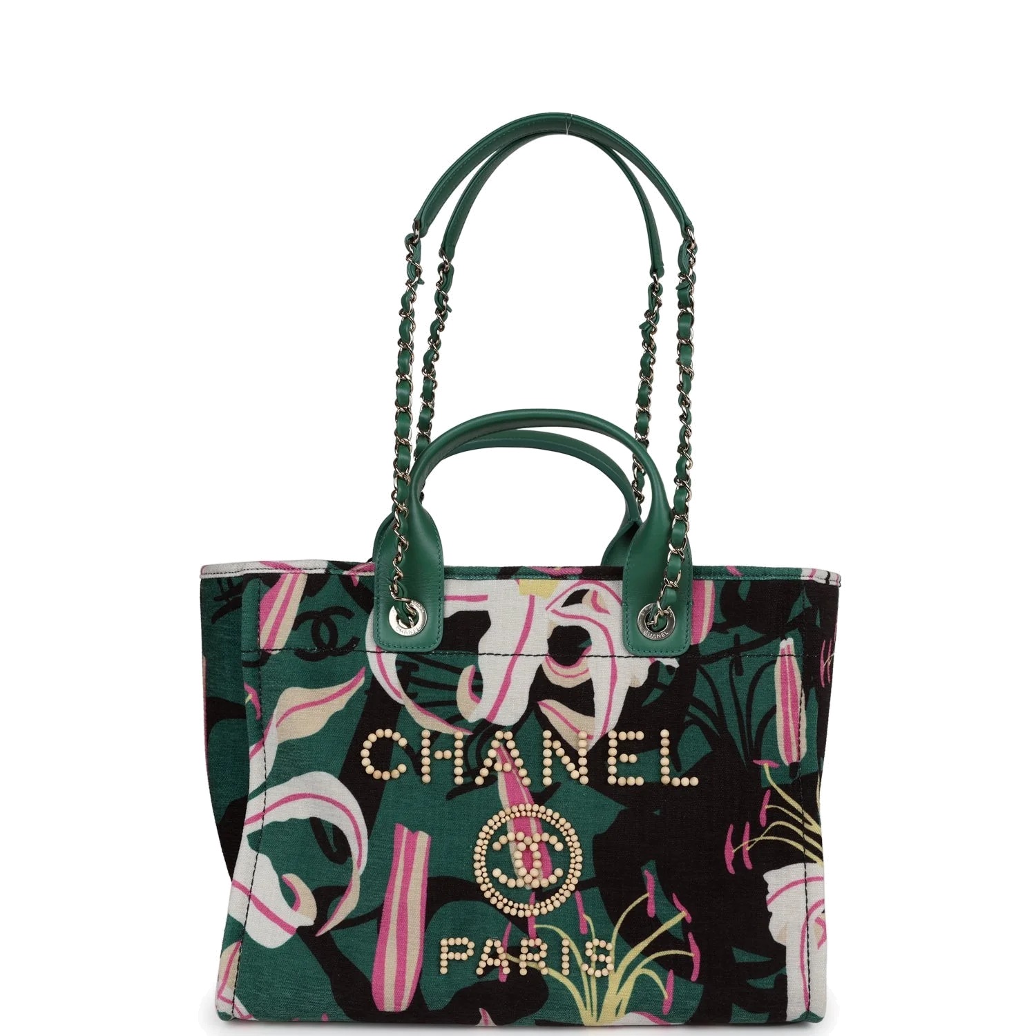 Chanel Small Deauville Shopping Tote Green and Pink Tropical Floral Velvet