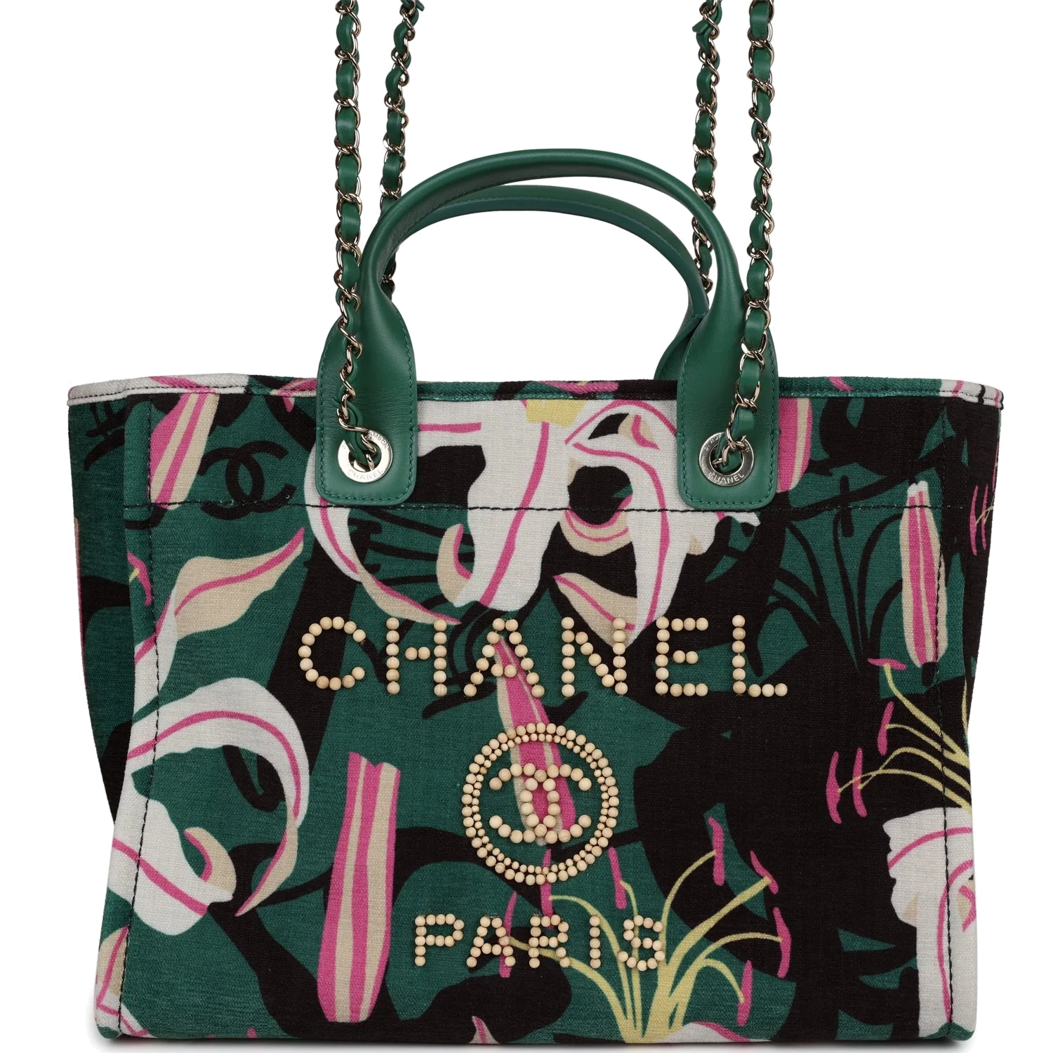 Chanel Small Deauville Shopping Tote Green and Pink Tropical Floral Velvet — фото 3