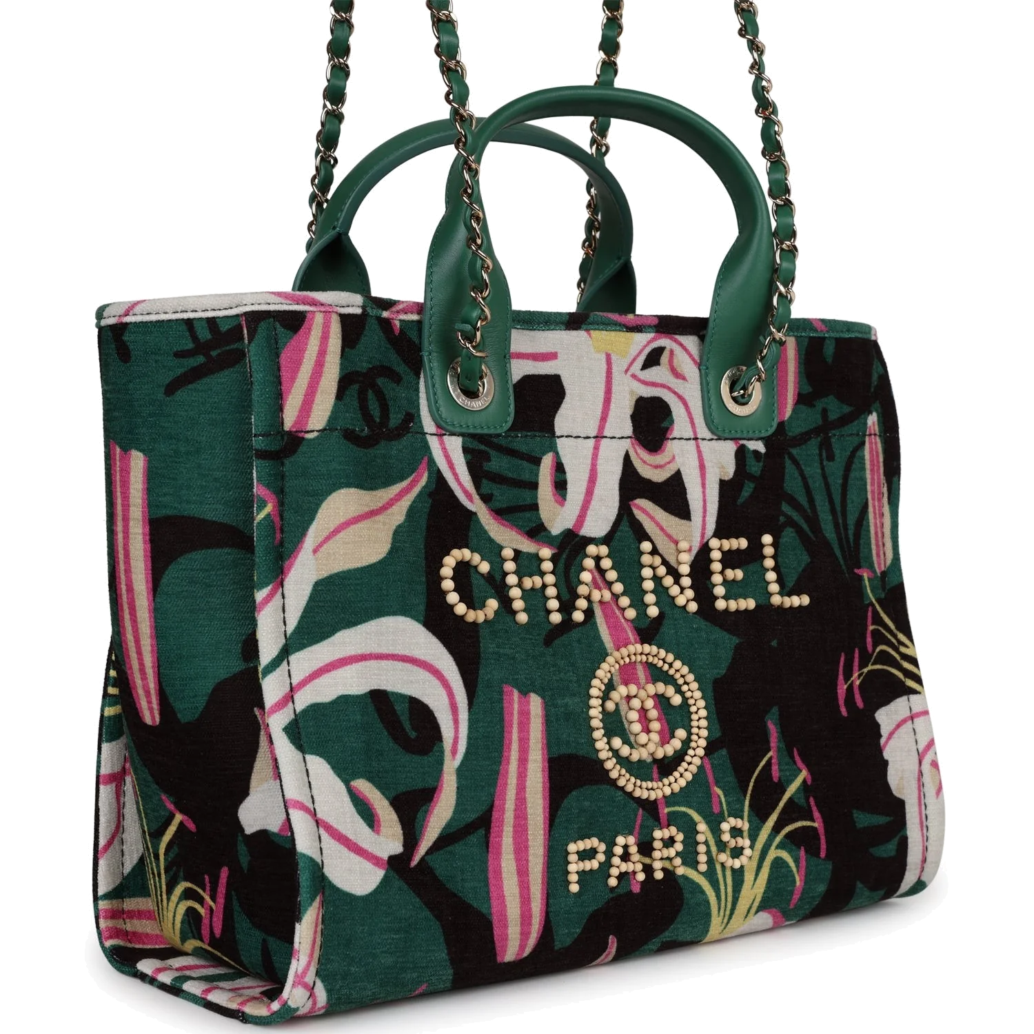 Chanel Small Deauville Shopping Tote Green and Pink Tropical Floral Velvet — фото 4