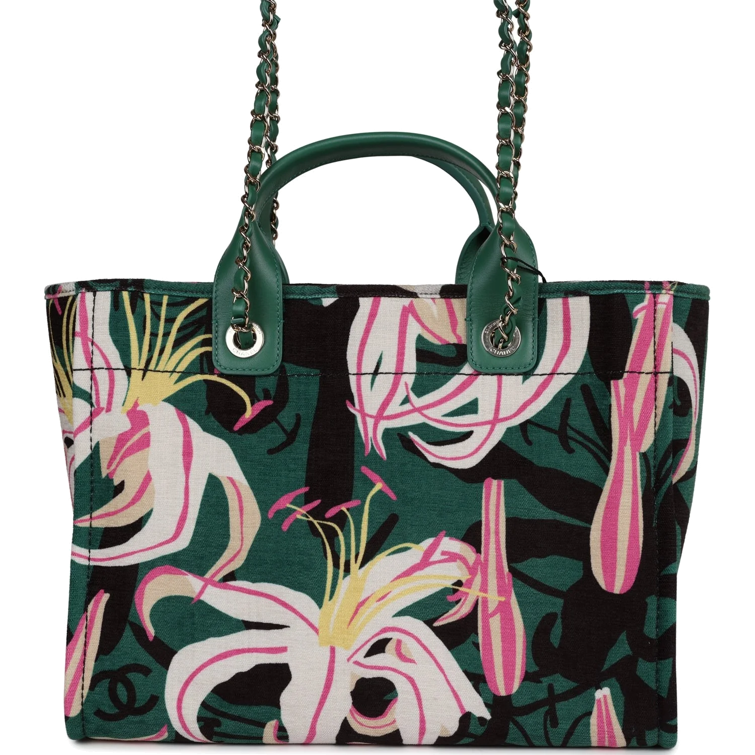Chanel Small Deauville Shopping Tote Green and Pink Tropical Floral Velvet — фото 6