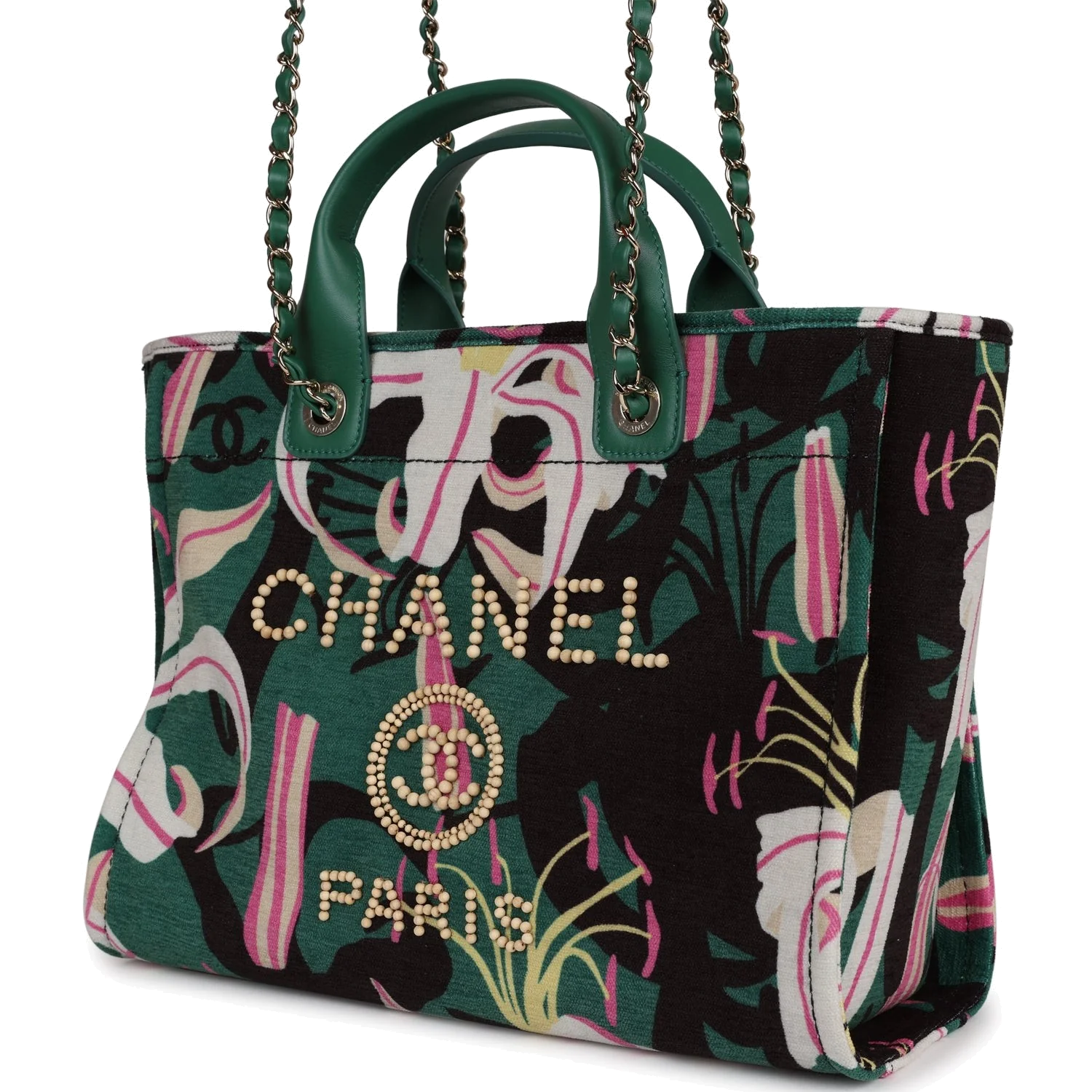 Chanel Small Deauville Shopping Tote Green and Pink Tropical Floral Velvet — фото 7