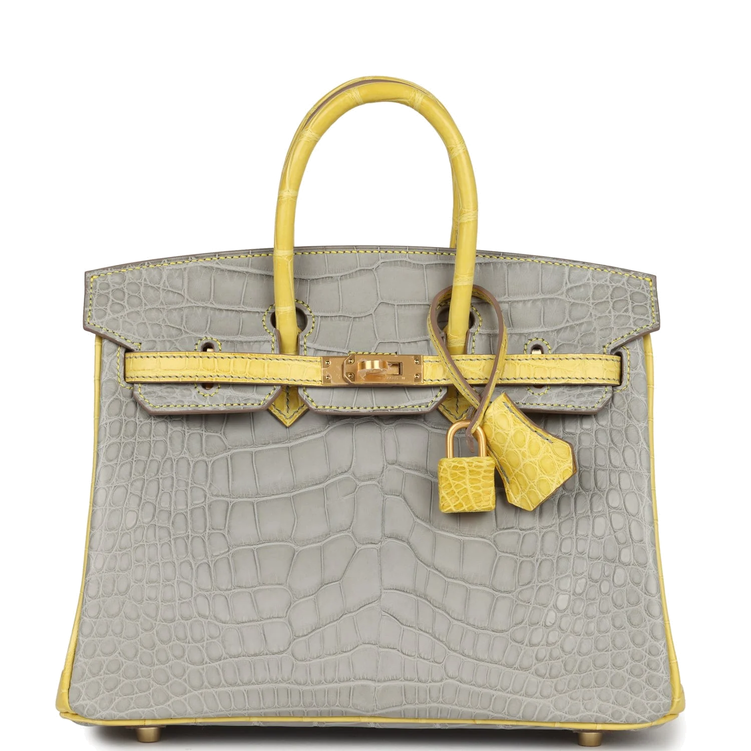 Hermes Special Order (HSS) Birkin 25 Gris Perle and Mimosa Matte Alligator Brushed Gold Hardware Серый жемчужный — фото 2