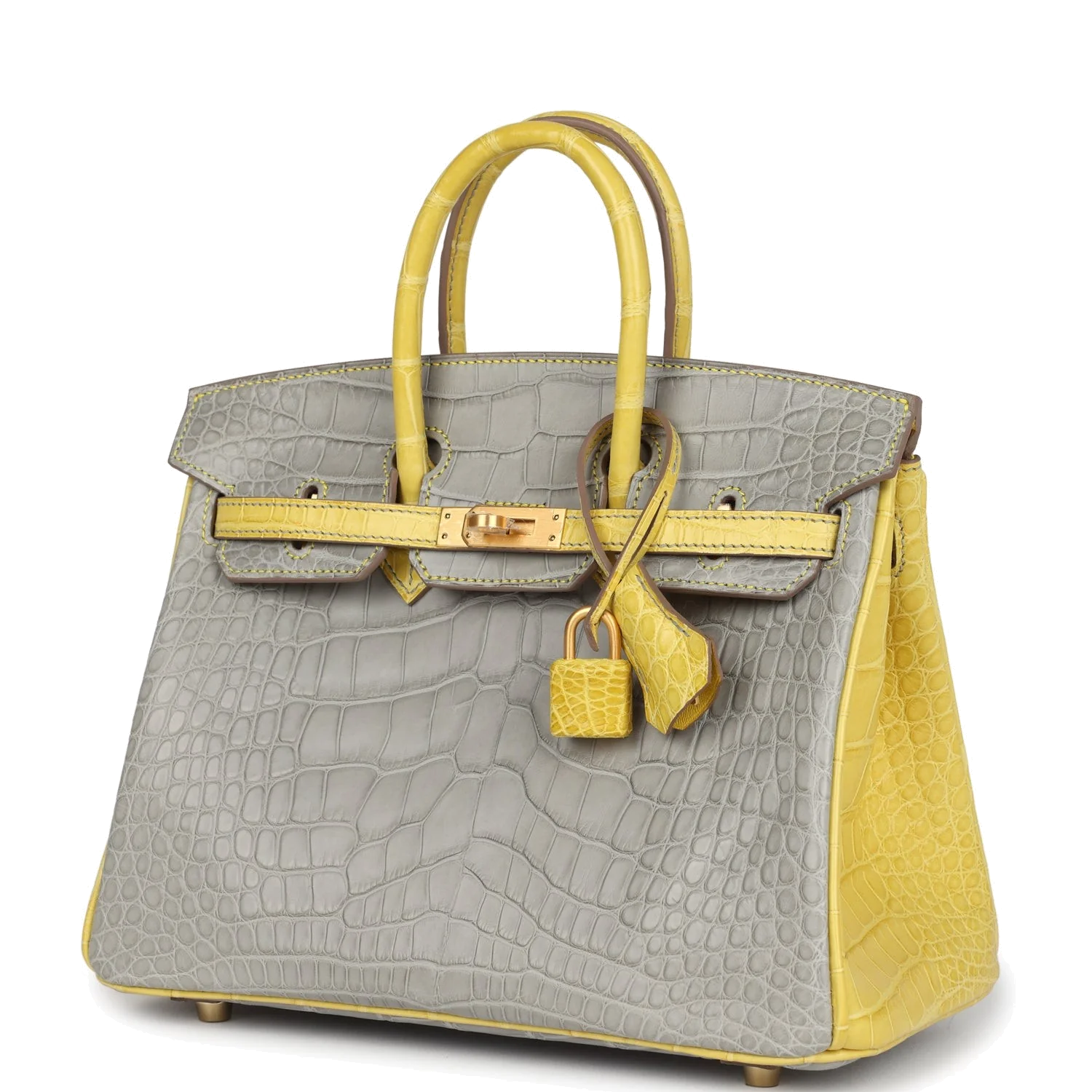 Hermes Special Order (HSS) Birkin 25 Gris Perle and Mimosa Matte Alligator Brushed Gold Hardware Серый жемчужный — фото 6