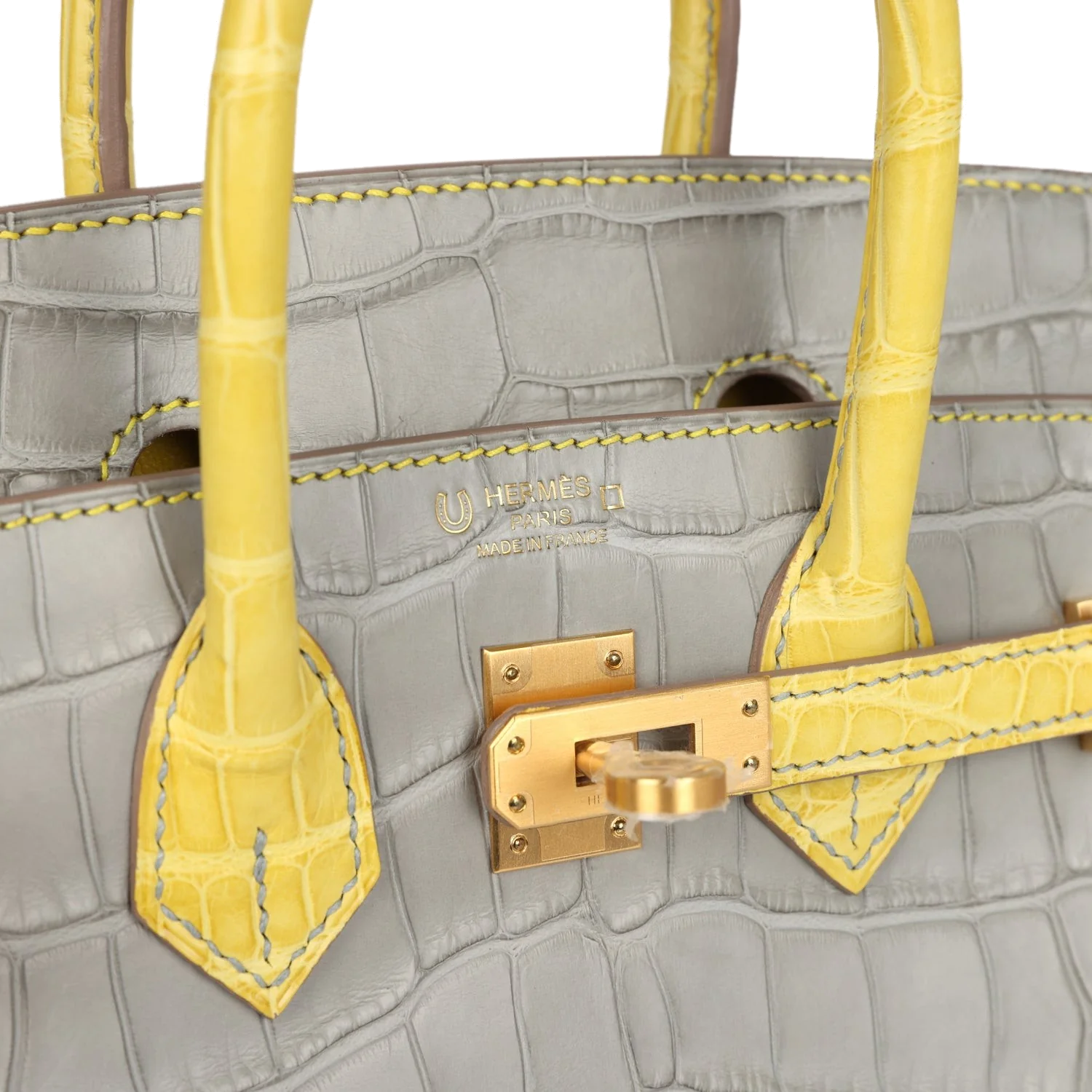Hermes Special Order (HSS) Birkin 25 Gris Perle and Mimosa Matte Alligator Brushed Gold Hardware Серый жемчужный — фото 8