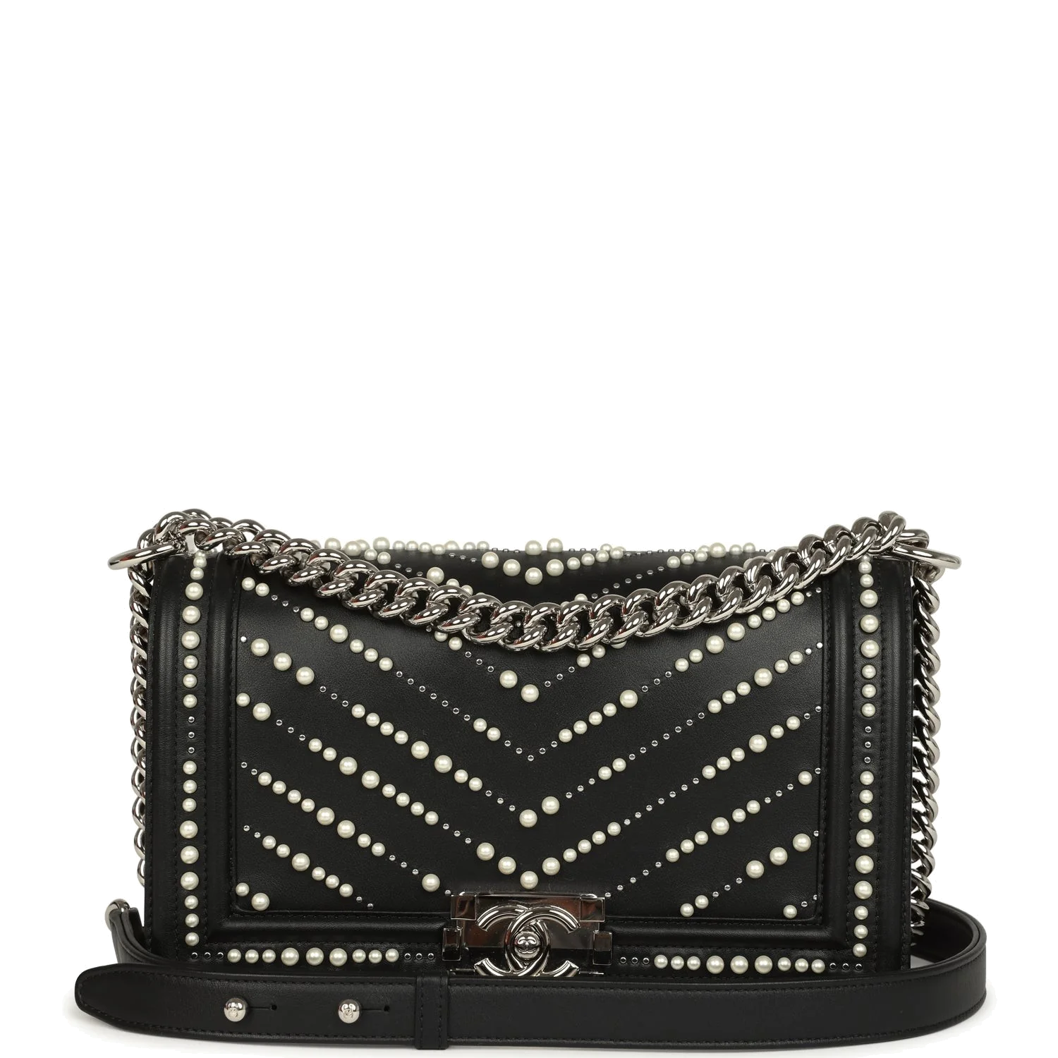 Chanel Medium Boy Bag Black Pearl Chevron Calfskin