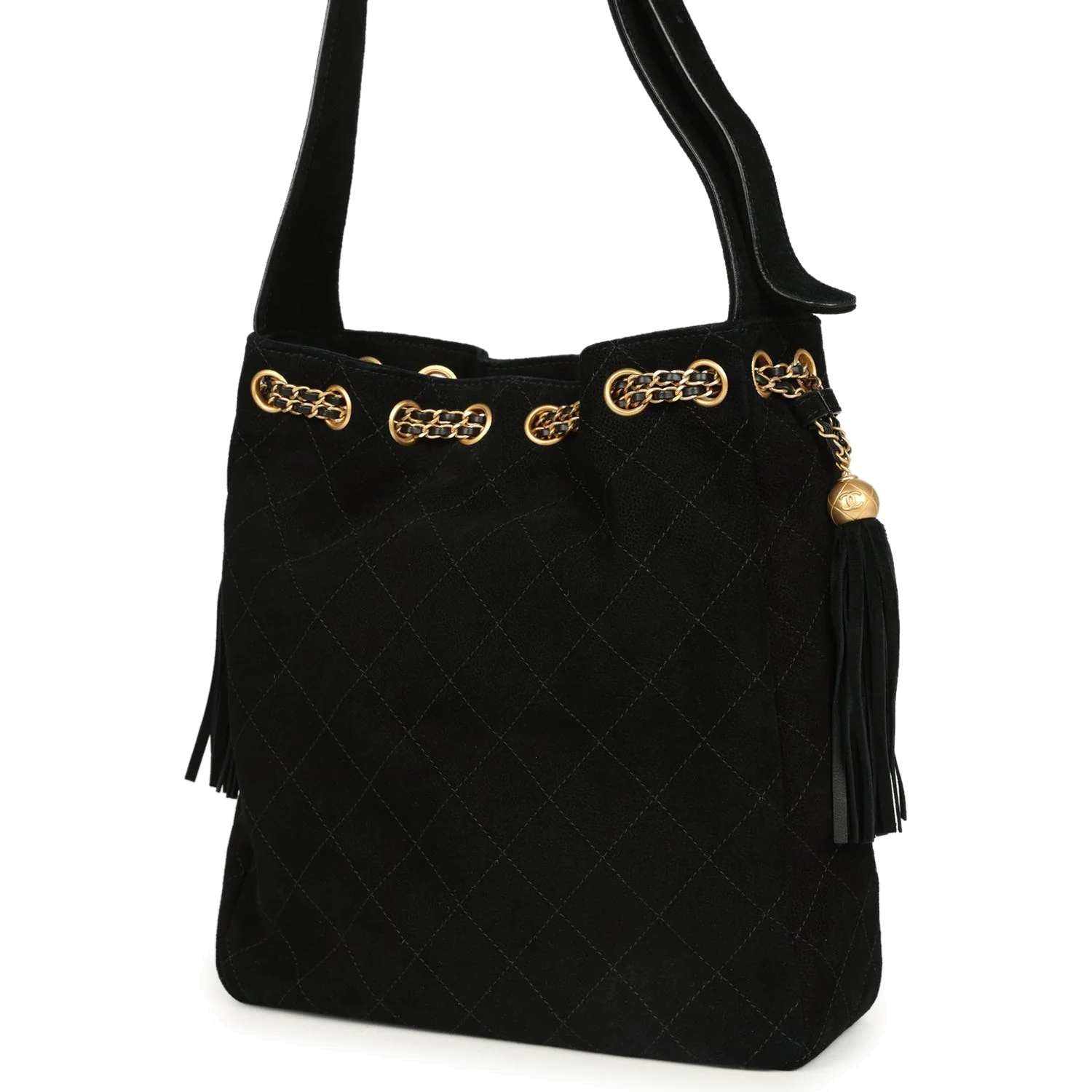 Chanel Large Drawstring Bucket Bag Black Suede — фото 6