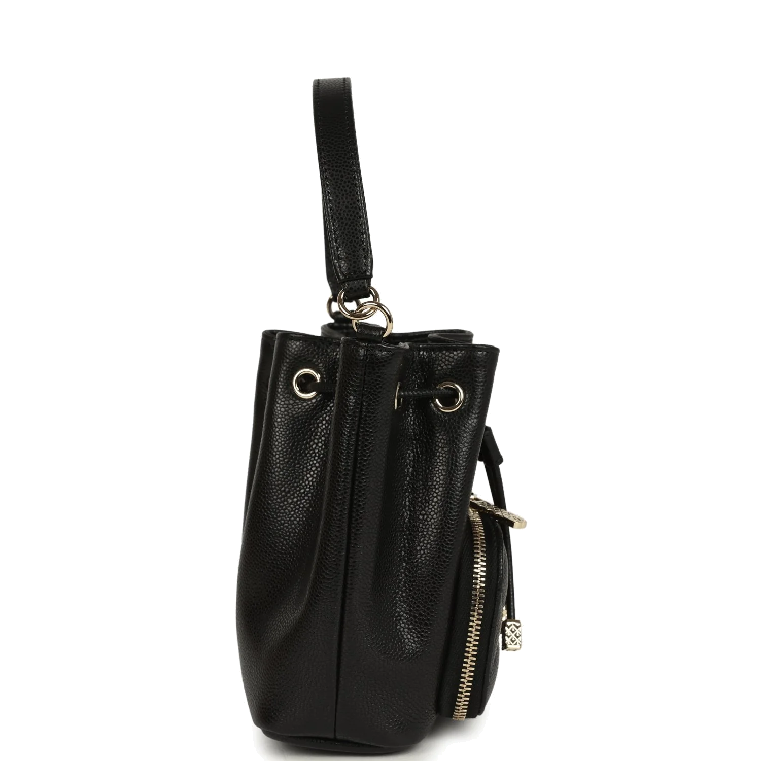 Chanel Mini Top Handle Bucket Bag with Chain Black Shiny Caviar — фото 4