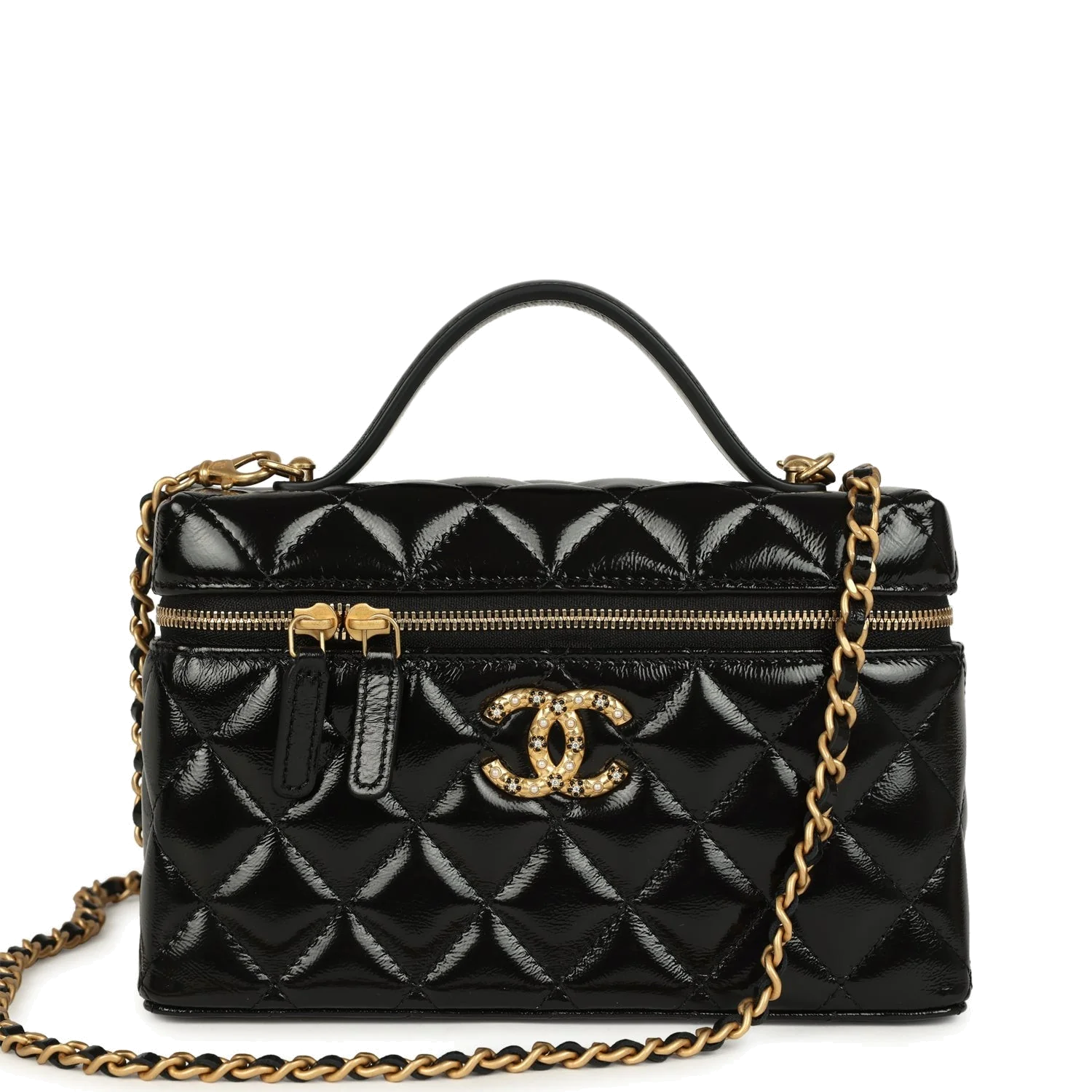 Chanel Top Handle Long Vanity Case with Chain Black Shiny Lambskin — фото 2