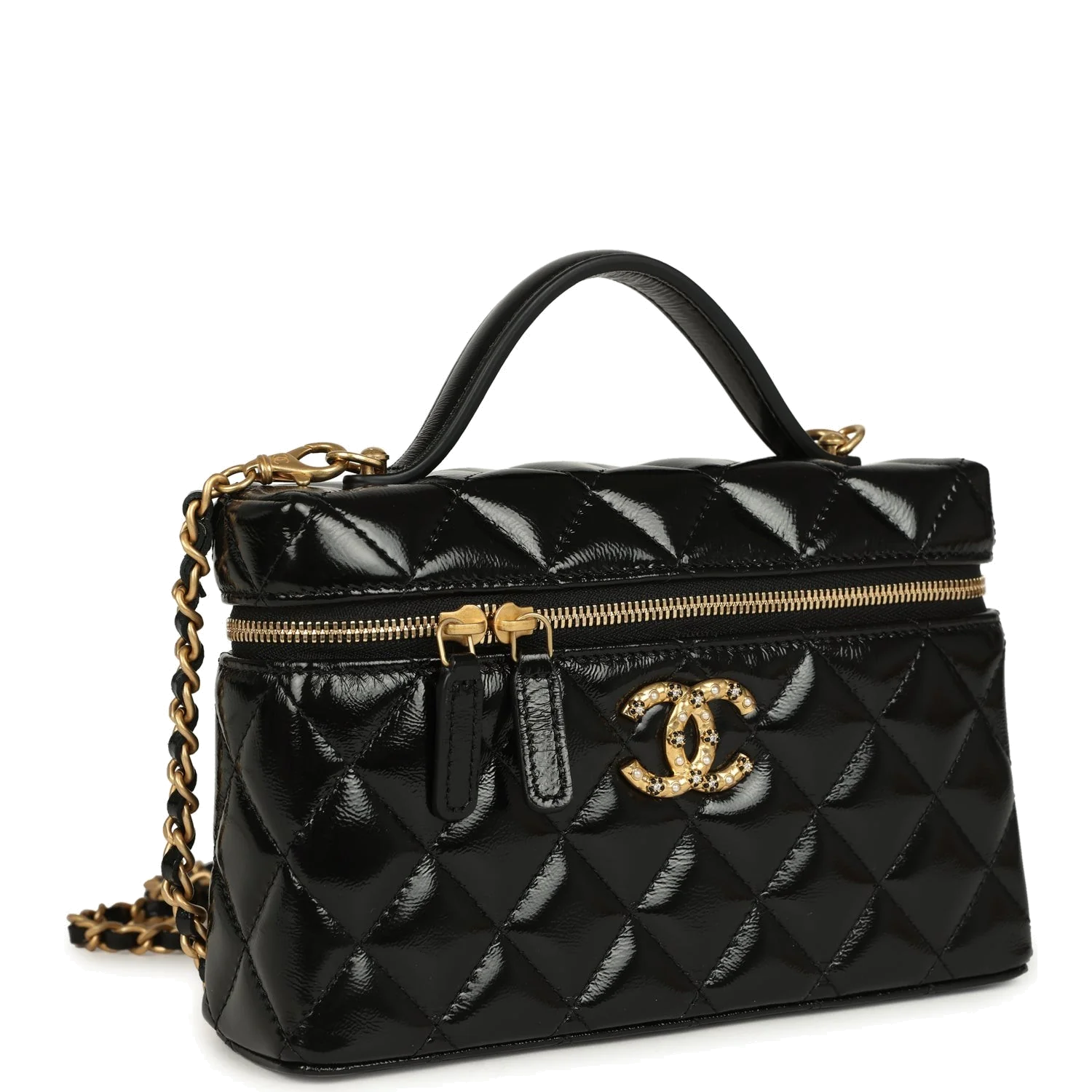 Chanel Top Handle Long Vanity Case with Chain Black Shiny Lambskin — фото 3