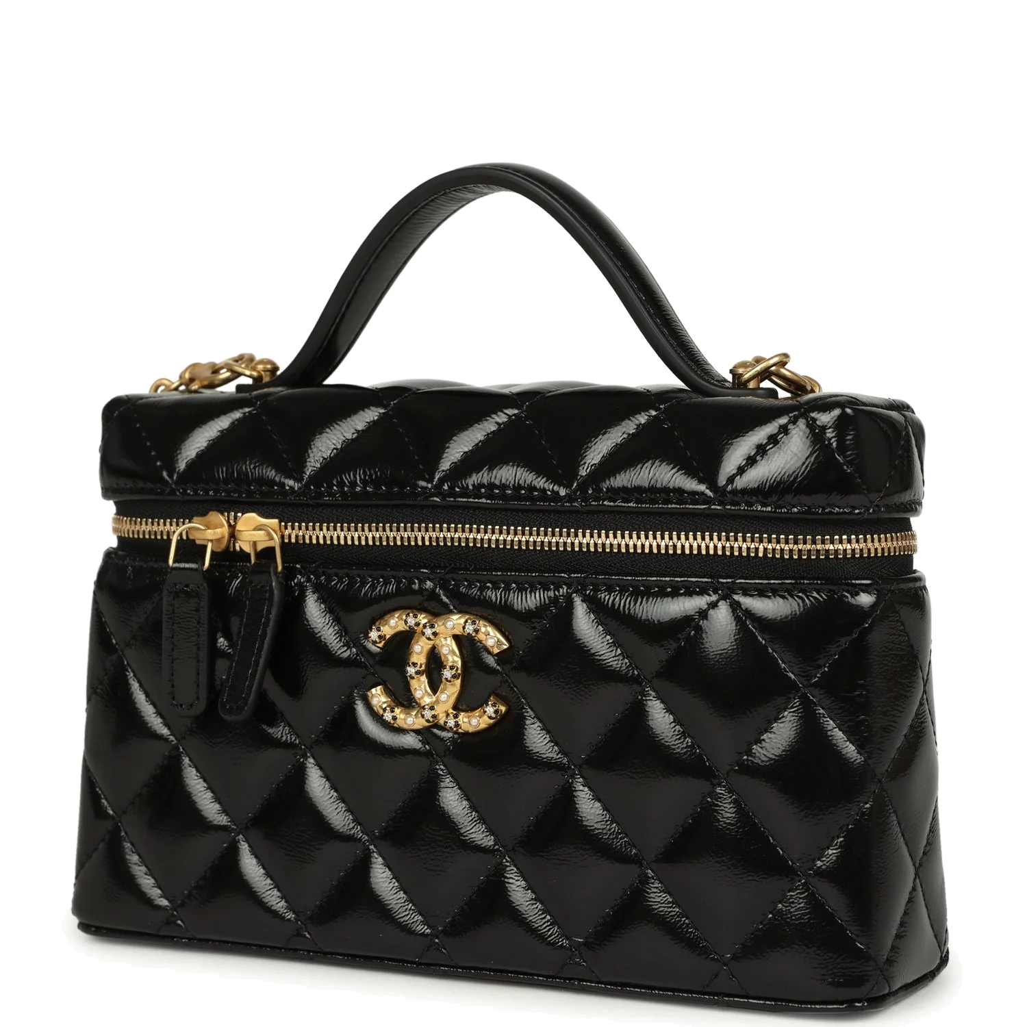 Chanel Top Handle Long Vanity Case with Chain Black Shiny Lambskin — фото 6