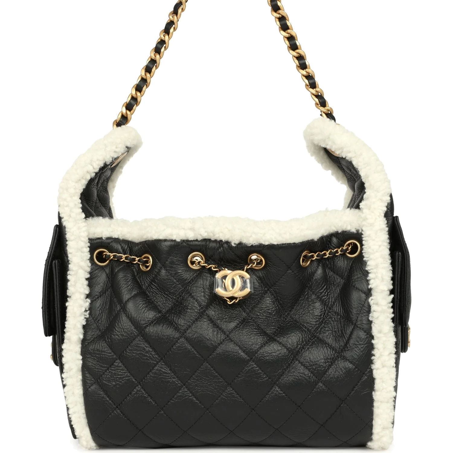 Chanel Small 25 Hobo Bag Black Crumpled Sheepskin and White Shearling