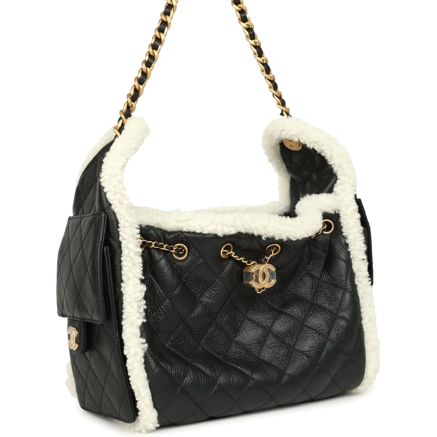 Chanel Small 25 Hobo Bag Black Crumpled Sheepskin and White Shearling — фото 3