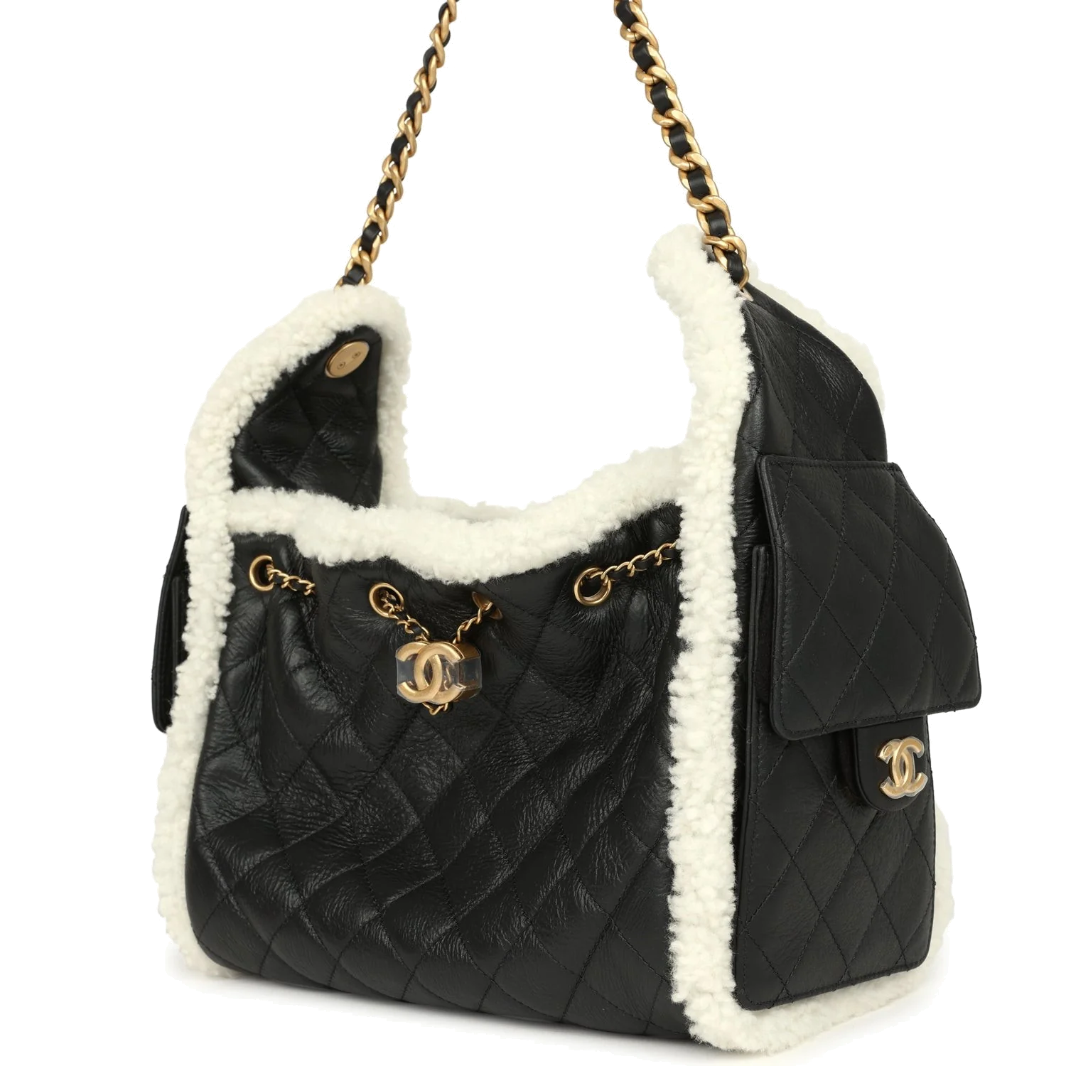 Chanel Small 25 Hobo Bag Black Crumpled Sheepskin and White Shearling — фото 6