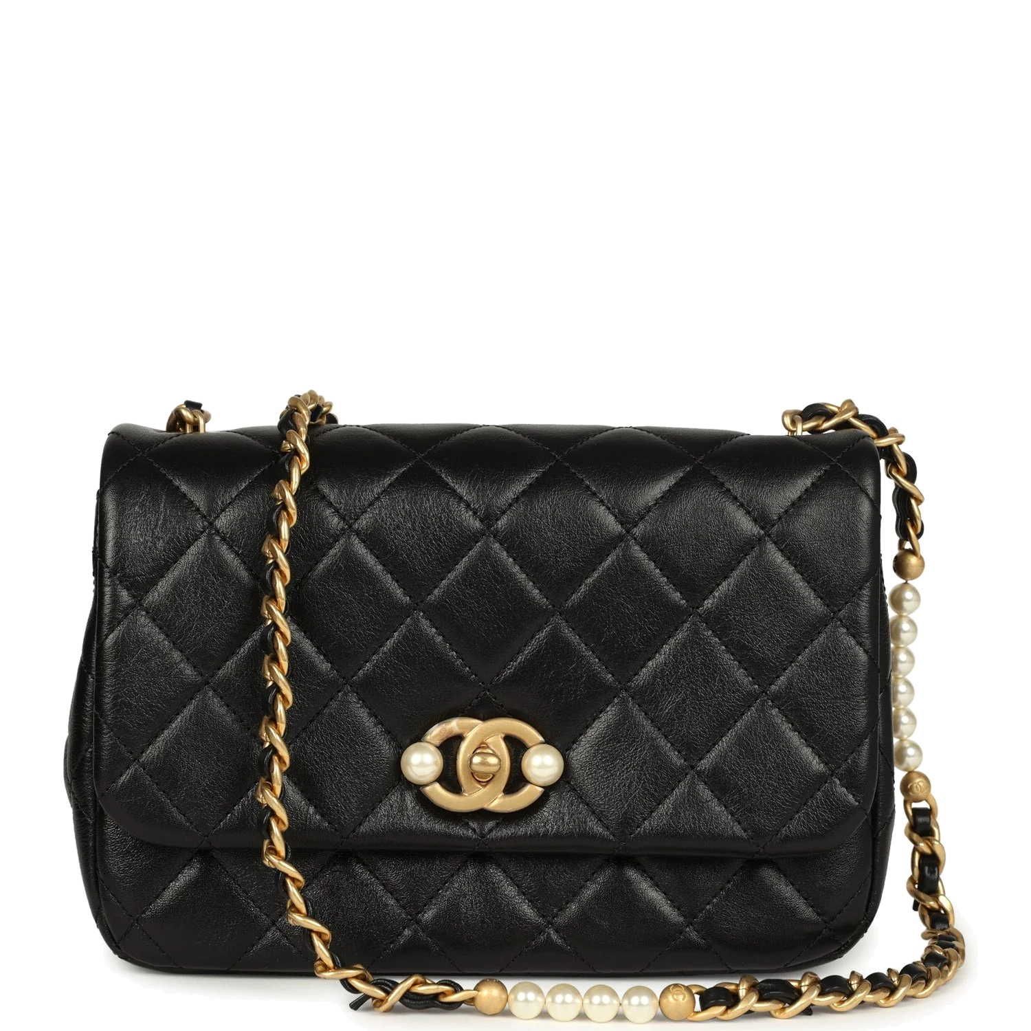 Chanel Small Pearl Flap Bag Black Shiny Calfskin