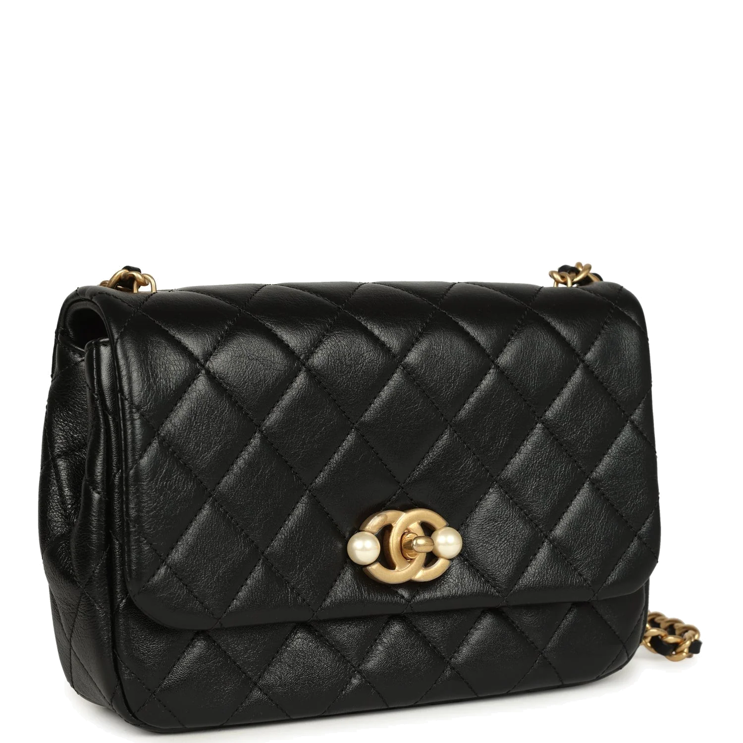 Chanel Small Pearl Flap Bag Black Shiny Calfskin — фото 3