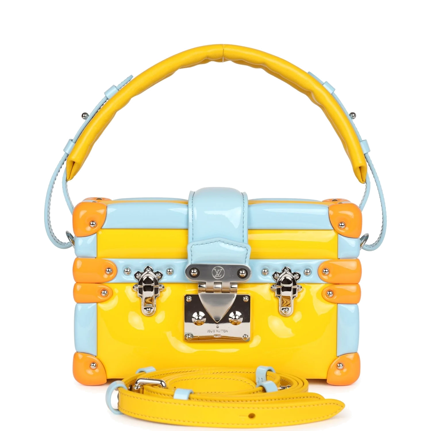 Louis Vuitton Petite Malle Handbag Light Blue & Yellow Glossy Calfskin