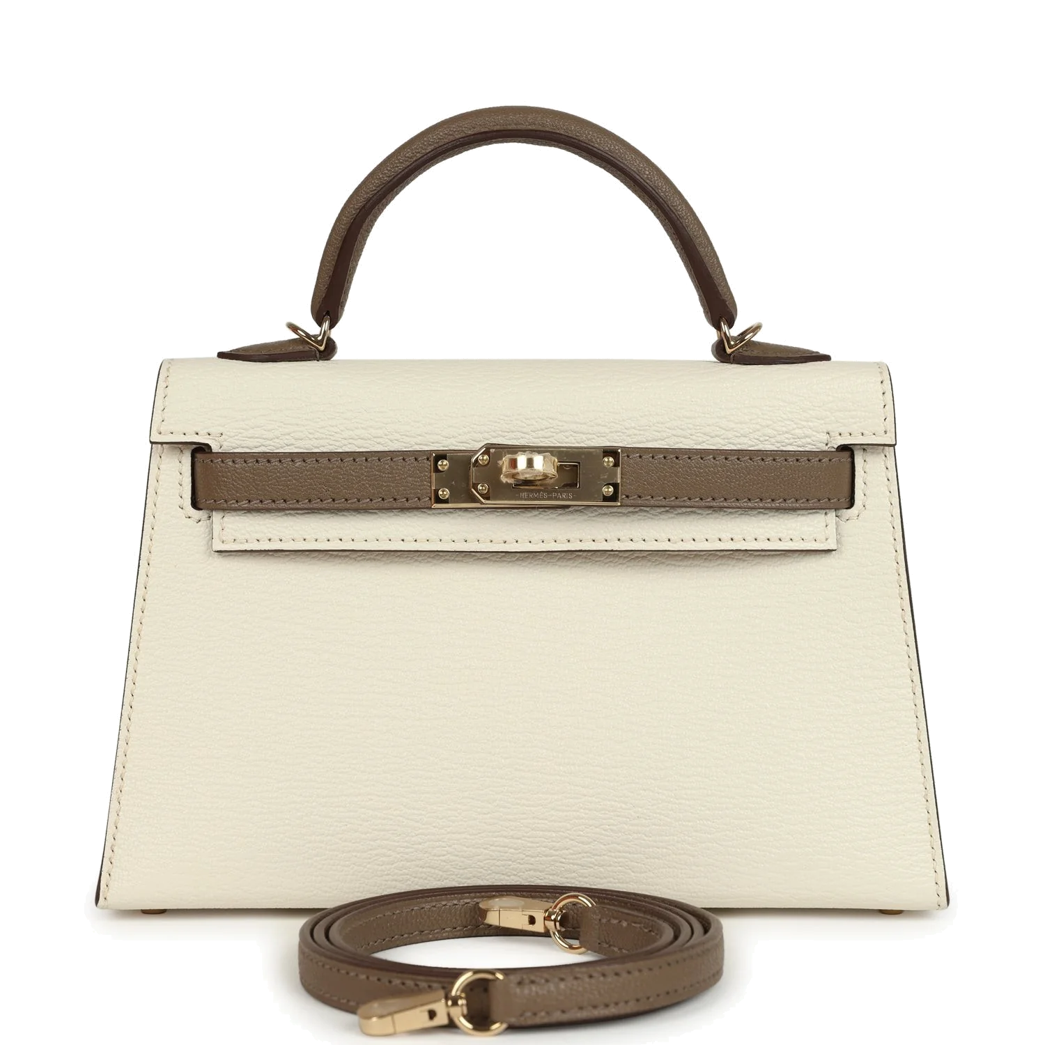 Hermes Special Order (HSS) Kelly Sellier 20 Nata and Etoupe Chevre Mysore Permabrass Hardware
