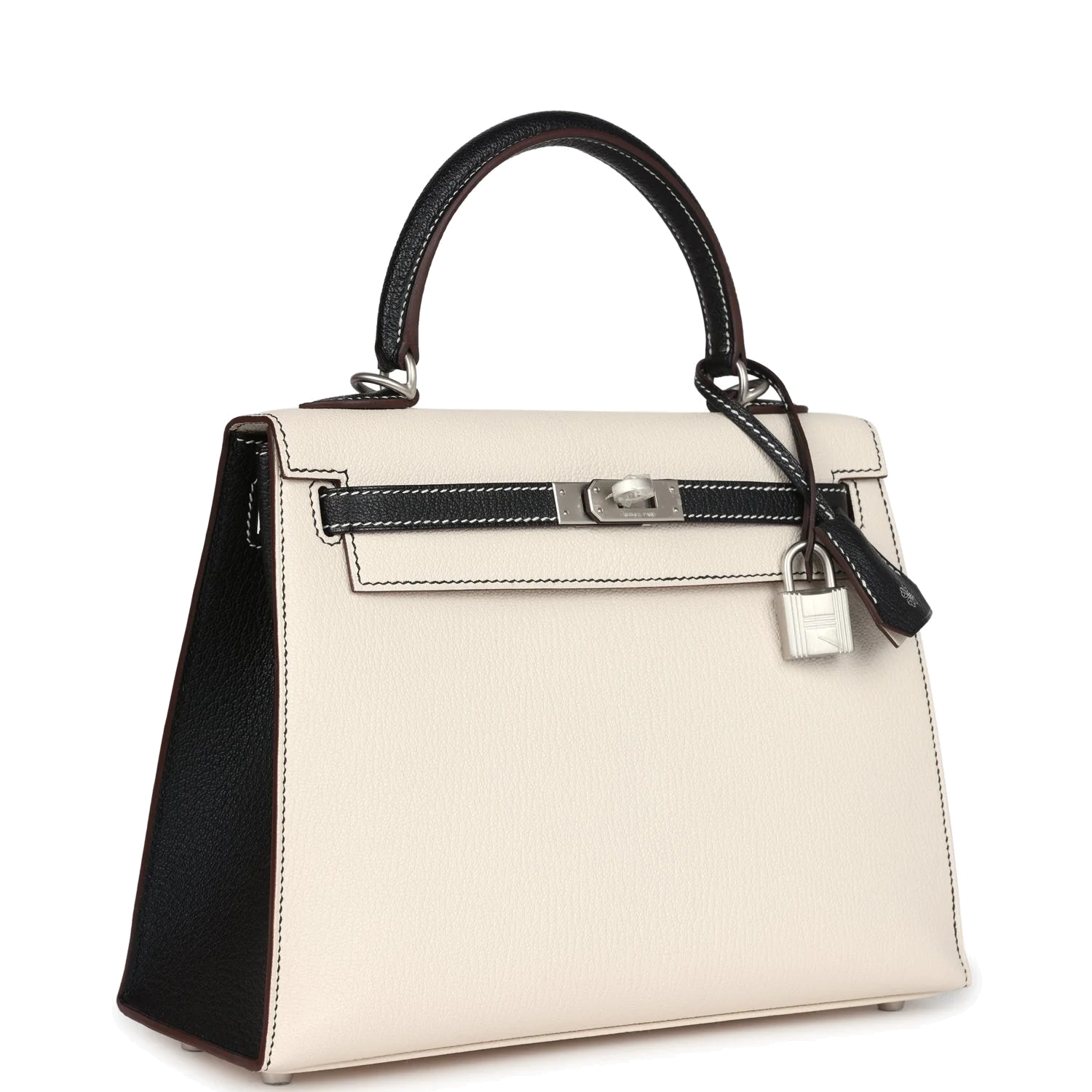Hermes Special Order (HSS) Kelly Sellier 25 Nata and Black Chevre Mysore Brushed Palladium Hardware — фото 3