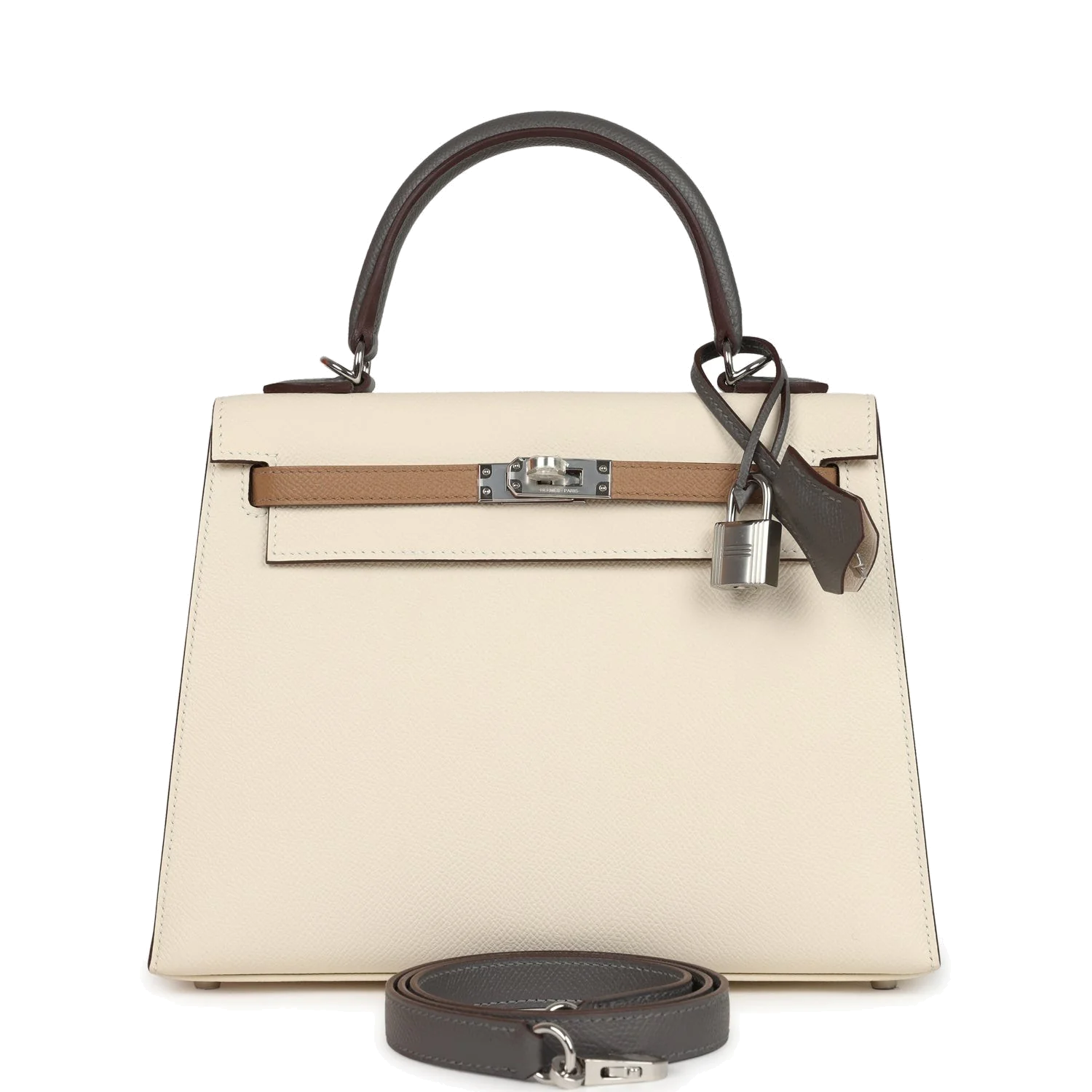 Hermes Kelly Sellier 25 Tri-Color Nata, Gris Meyer and Chai Epsom Palladium Hardware — фото 2