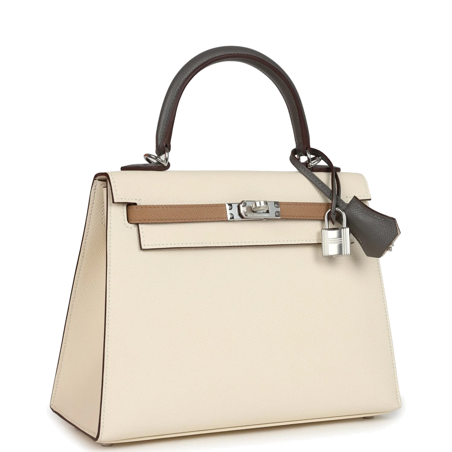 Hermes Kelly Sellier 25 Tri-Color Nata, Gris Meyer and Chai Epsom Palladium Hardware — фото 3