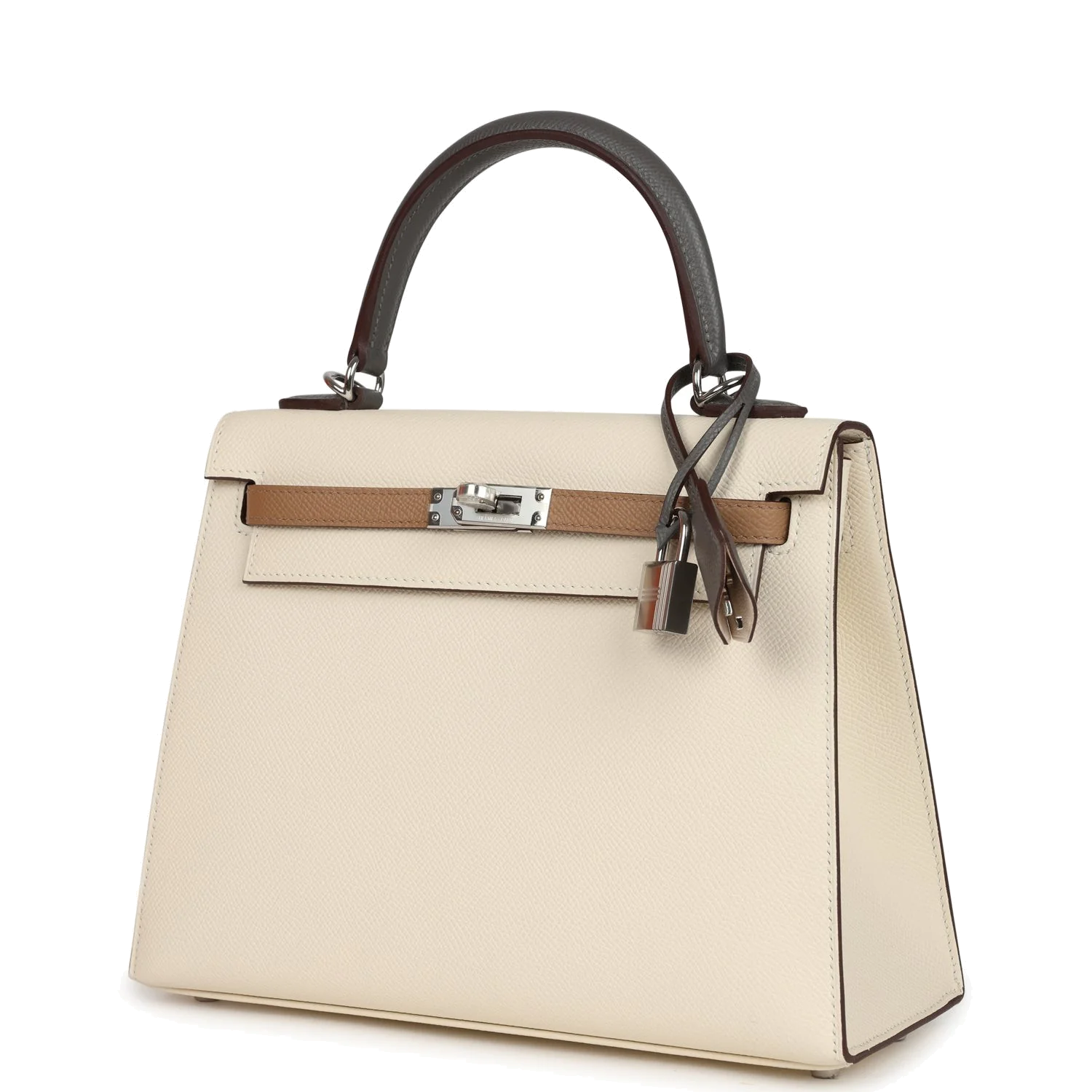 Hermes Kelly Sellier 25 Tri-Color Nata, Gris Meyer and Chai Epsom Palladium Hardware — фото 6
