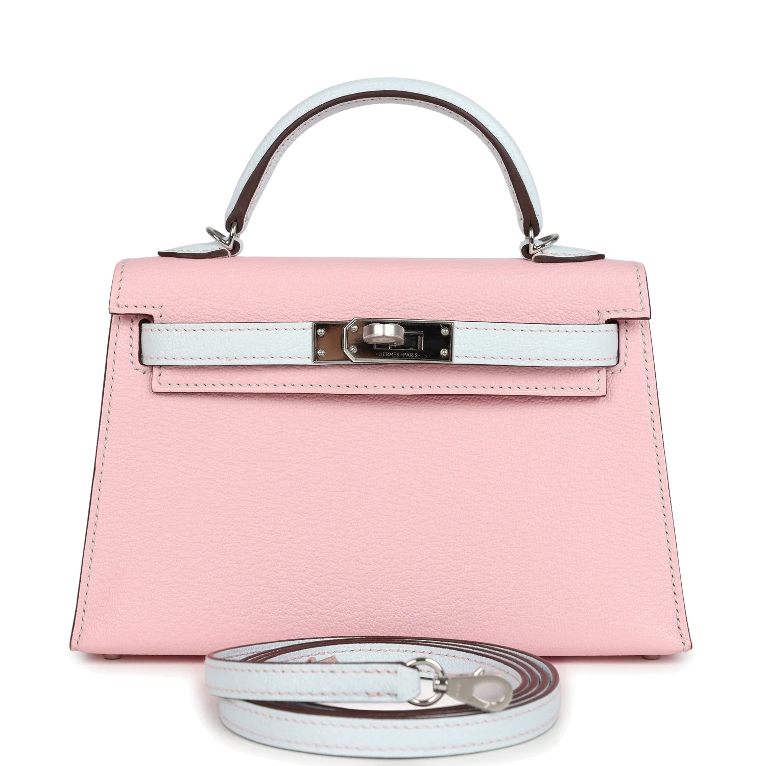 Hermes Special Order (HSS) Kelly Sellier 20 Rose Sakura and Bleu Brume Chevre Palladium Hardware