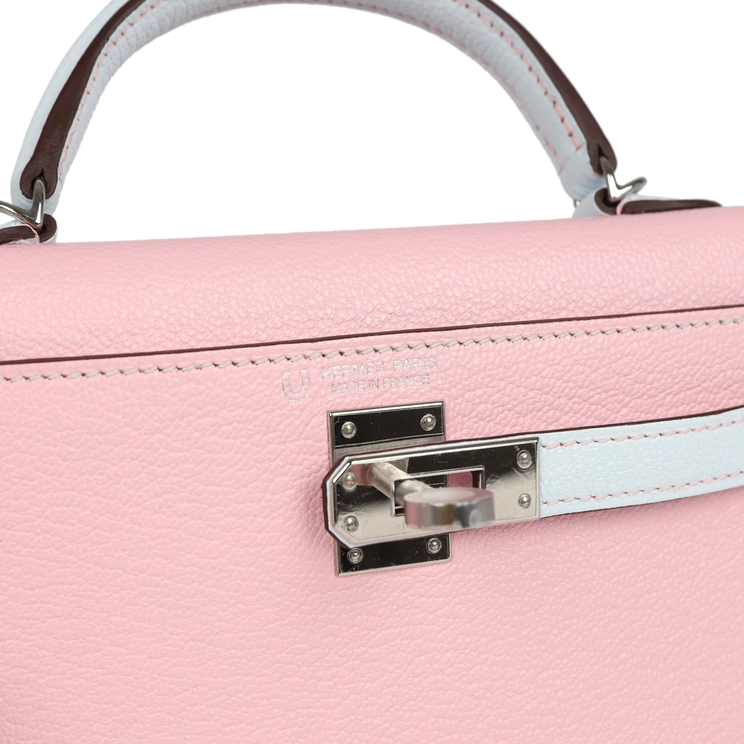 Hermes Special Order (HSS) Kelly Sellier 20 Rose Sakura and Bleu Brume Chevre Palladium Hardware — фото 8