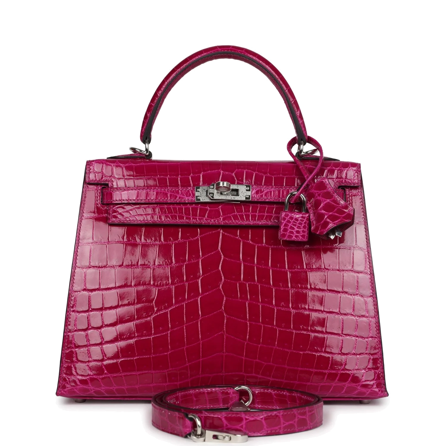 Hermes Kelly Sellier 25 Rose Pourpre Shiny Niloticus Crocodile Palladium Hardware — фото 2