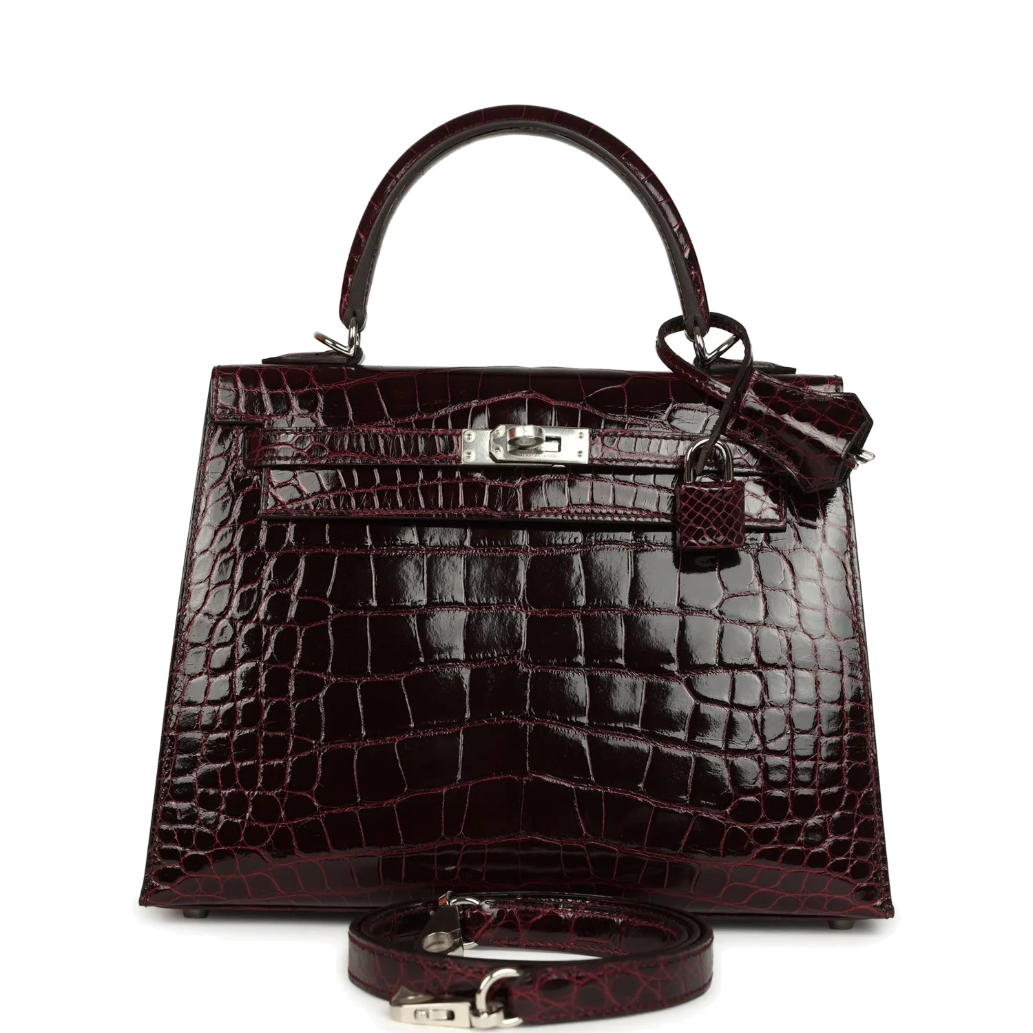 Hermes Kelly Sellier 25 Bordeaux Shiny Alligator Palladium Hardware — фото 2