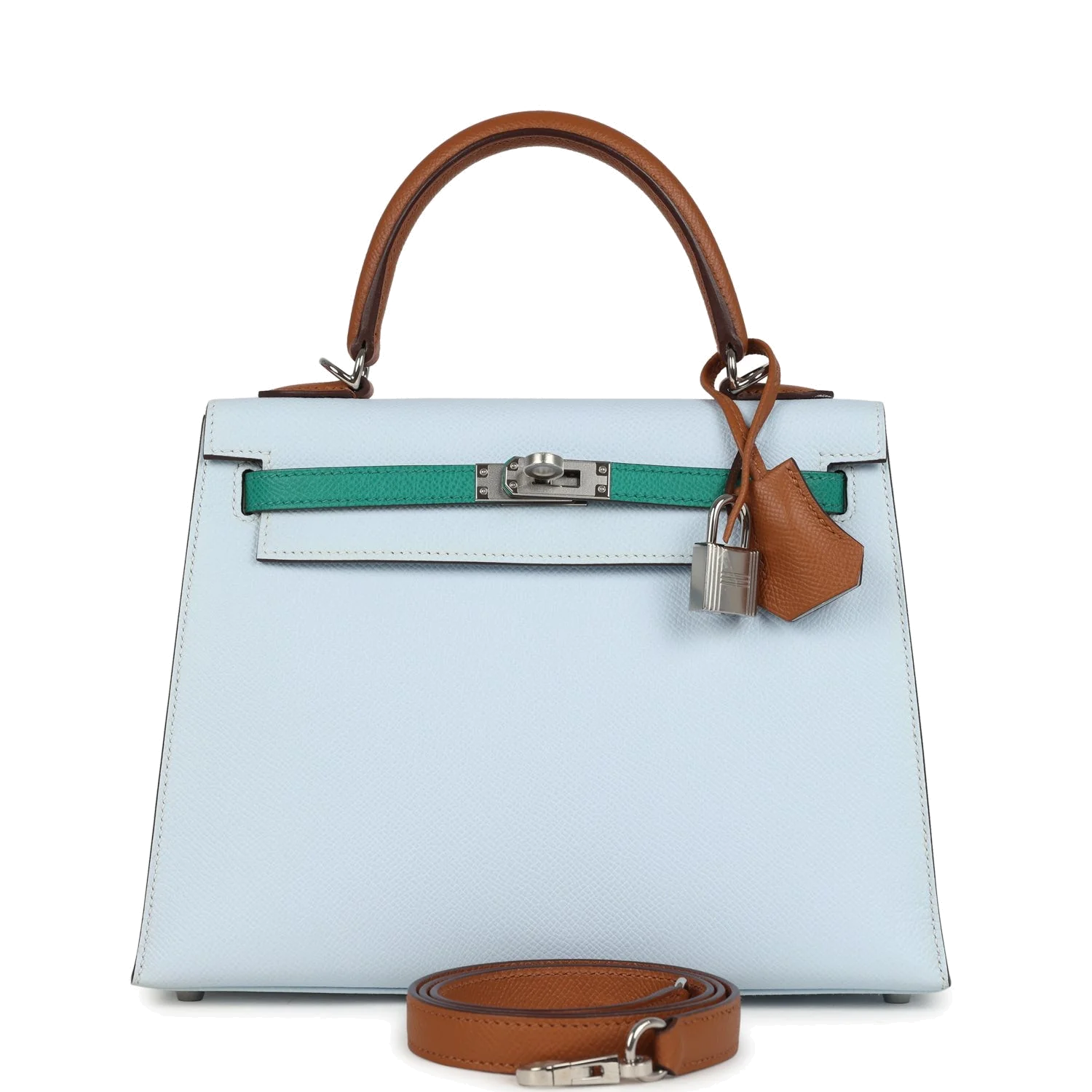Hermes Kelly Sellier 25 Tri-Color Bleu Brume, Gold and Vert Jade Epsom Epsom Palladium Hardware