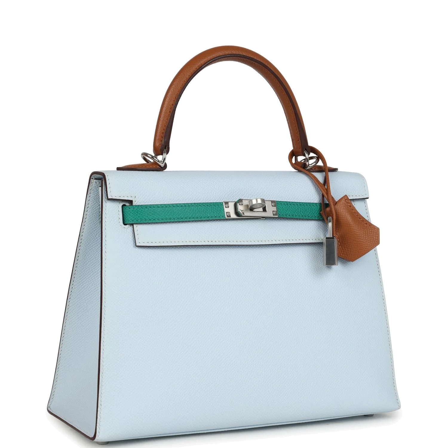 Hermes Kelly Sellier 25 Tri-Color Bleu Brume, Gold and Vert Jade Epsom Epsom Palladium Hardware — фото 3