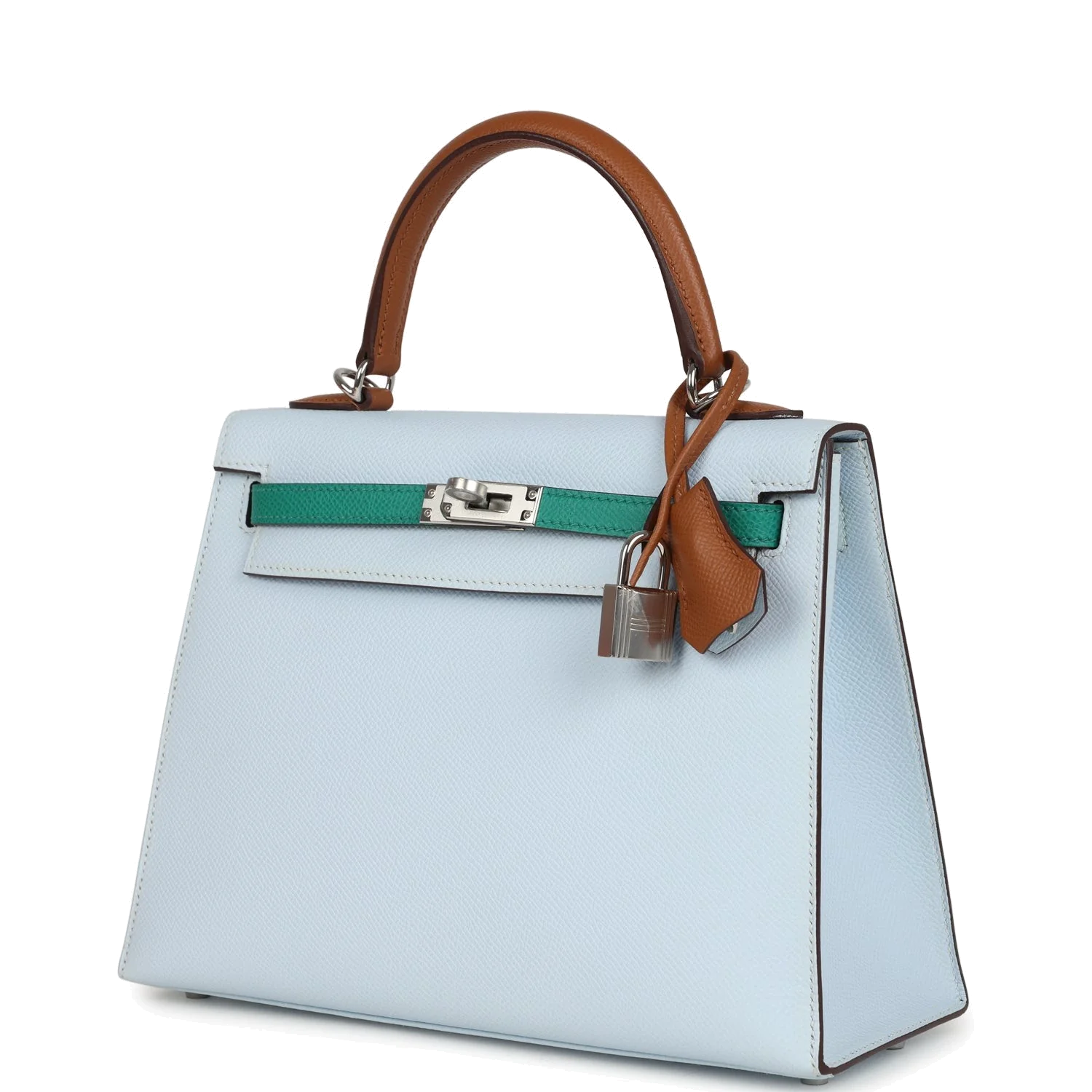 Hermes Kelly Sellier 25 Tri-Color Bleu Brume, Gold and Vert Jade Epsom Epsom Palladium Hardware — фото 6