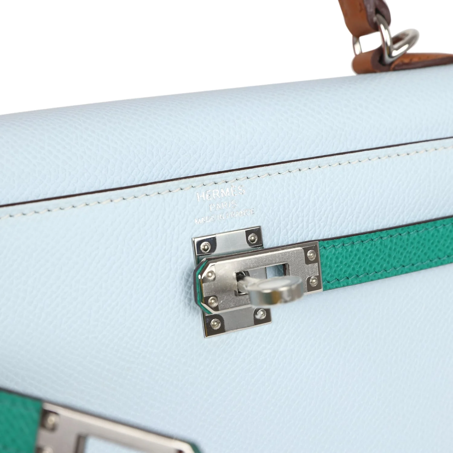Hermes Kelly Sellier 25 Tri-Color Bleu Brume, Gold and Vert Jade Epsom Epsom Palladium Hardware — фото 8