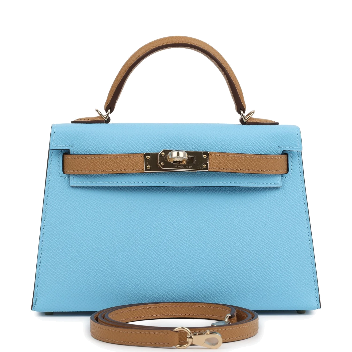 Hermes Special Order (HSS) Kelly Sellier 20 Bleu Celeste and Biscuit Epsom Permabrass Hardware — фото 2