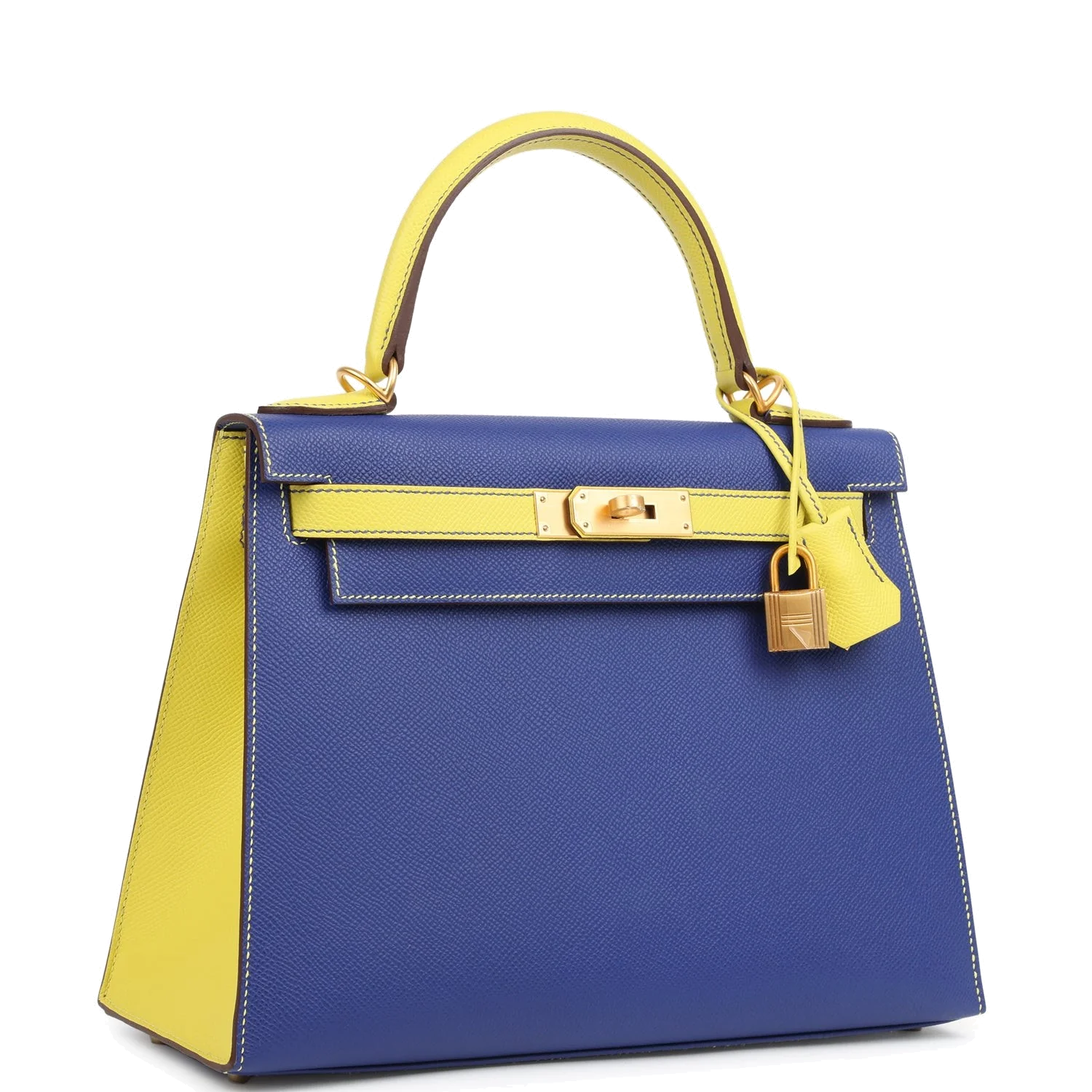 Hermes Special Order (HSS) Kelly Sellier 28 Bleu Electric and Lime Epsom Brushed Gold Hardware — фото 3