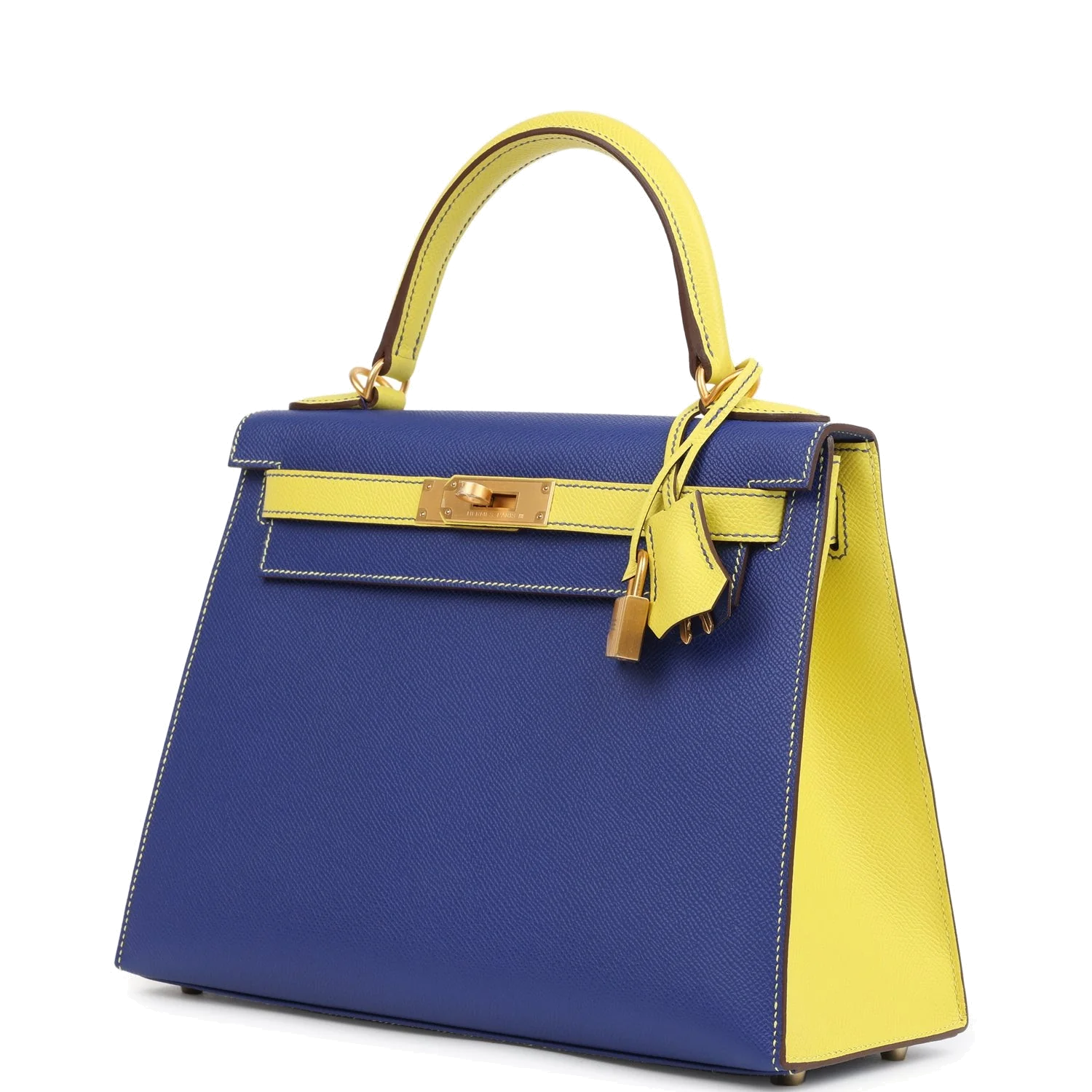 Hermes Special Order (HSS) Kelly Sellier 28 Bleu Electric and Lime Epsom Brushed Gold Hardware — фото 6