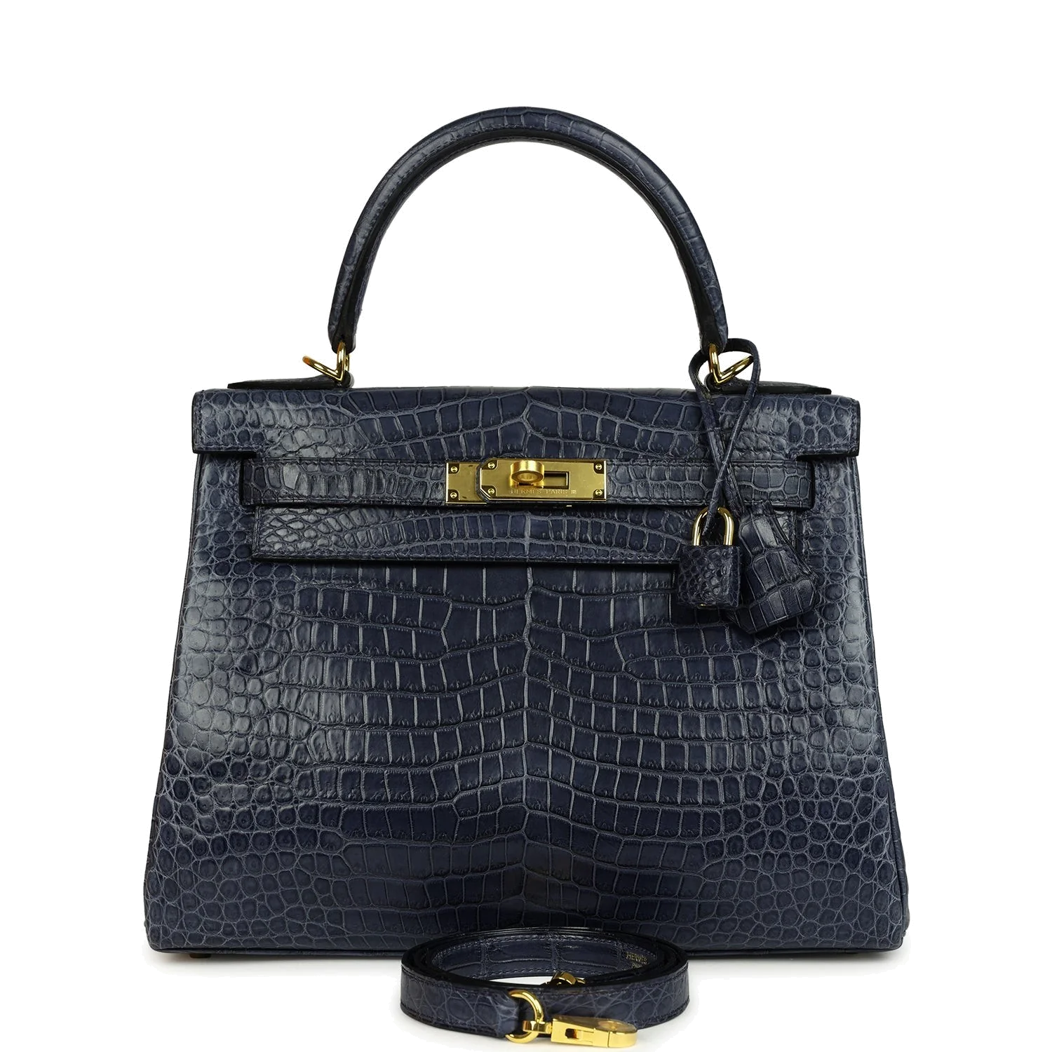 Hermes Kelly Retourne 28 Bleu Nuit Satin Matte Porosus Crocodile Gold Hardware — фото 2