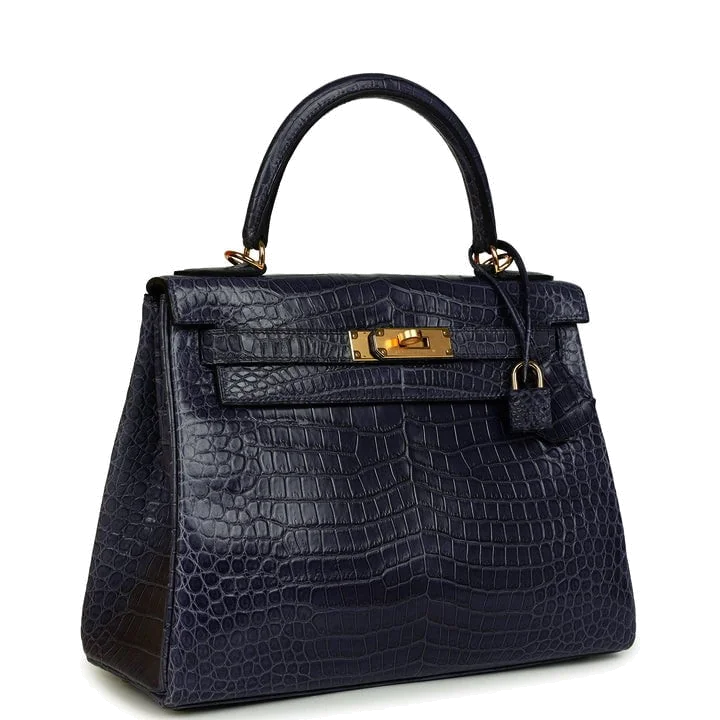 Hermes Kelly Retourne 28 Bleu Nuit Satin Matte Porosus Crocodile Gold Hardware — фото 3