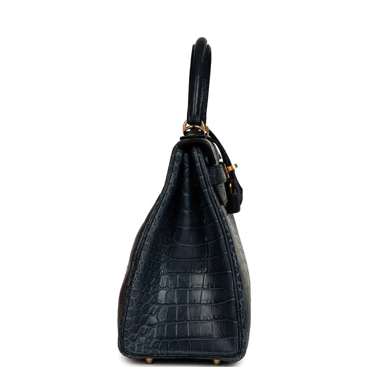 Hermes Kelly Retourne 28 Bleu Nuit Satin Matte Porosus Crocodile Gold Hardware — фото 4